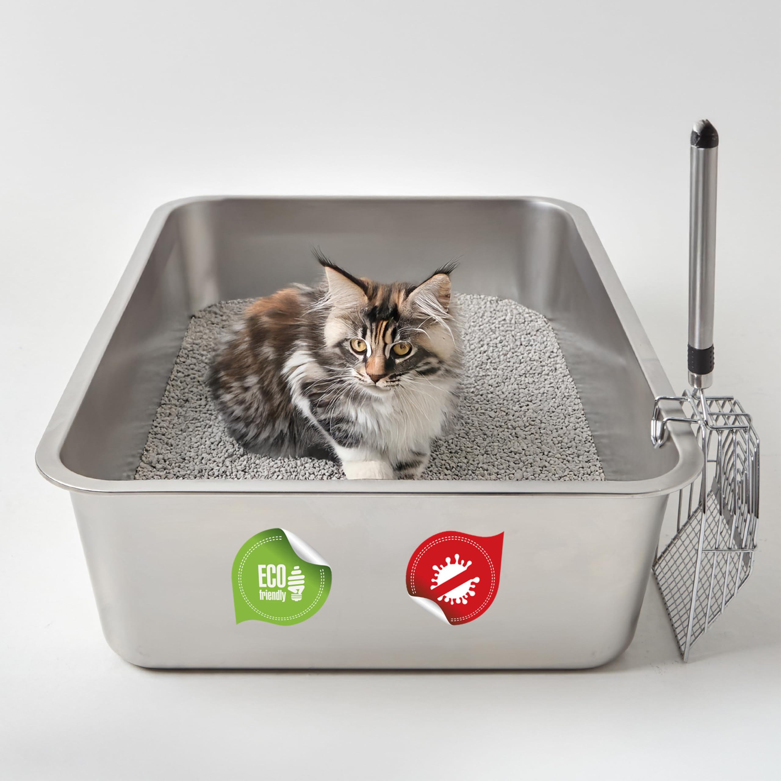 Stainless Steel Cat Litter Box With Scoop, Xl High Side Cats Toilet Metal Kitten Litter Pan, Pet Cleaning Tool For Big And Small