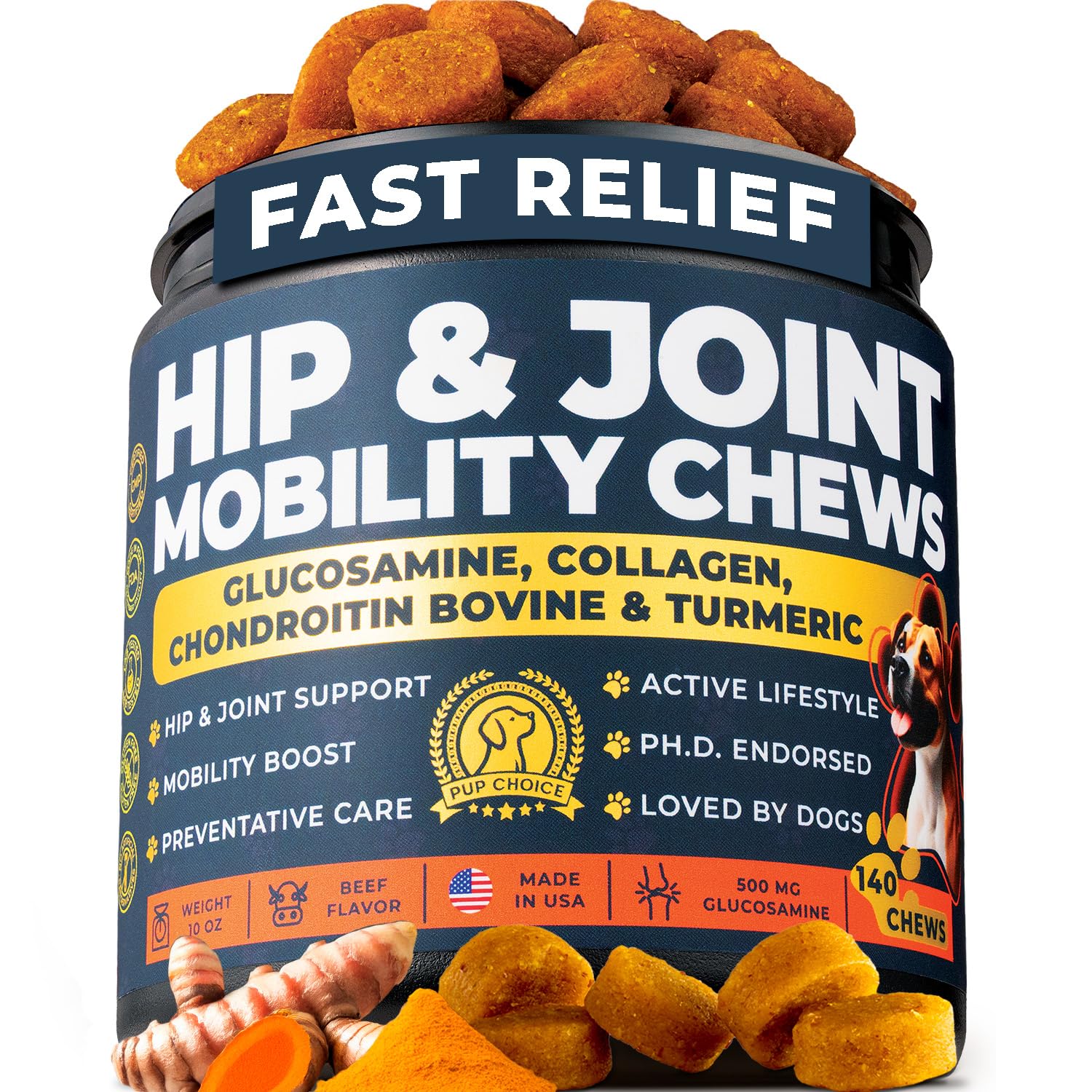 Glucosamine for Dogs 500mg - Hip & Joint Support Treats with Collagen, Chondroitin & Turmeric - PhD Endorsed Formula - Mobility 