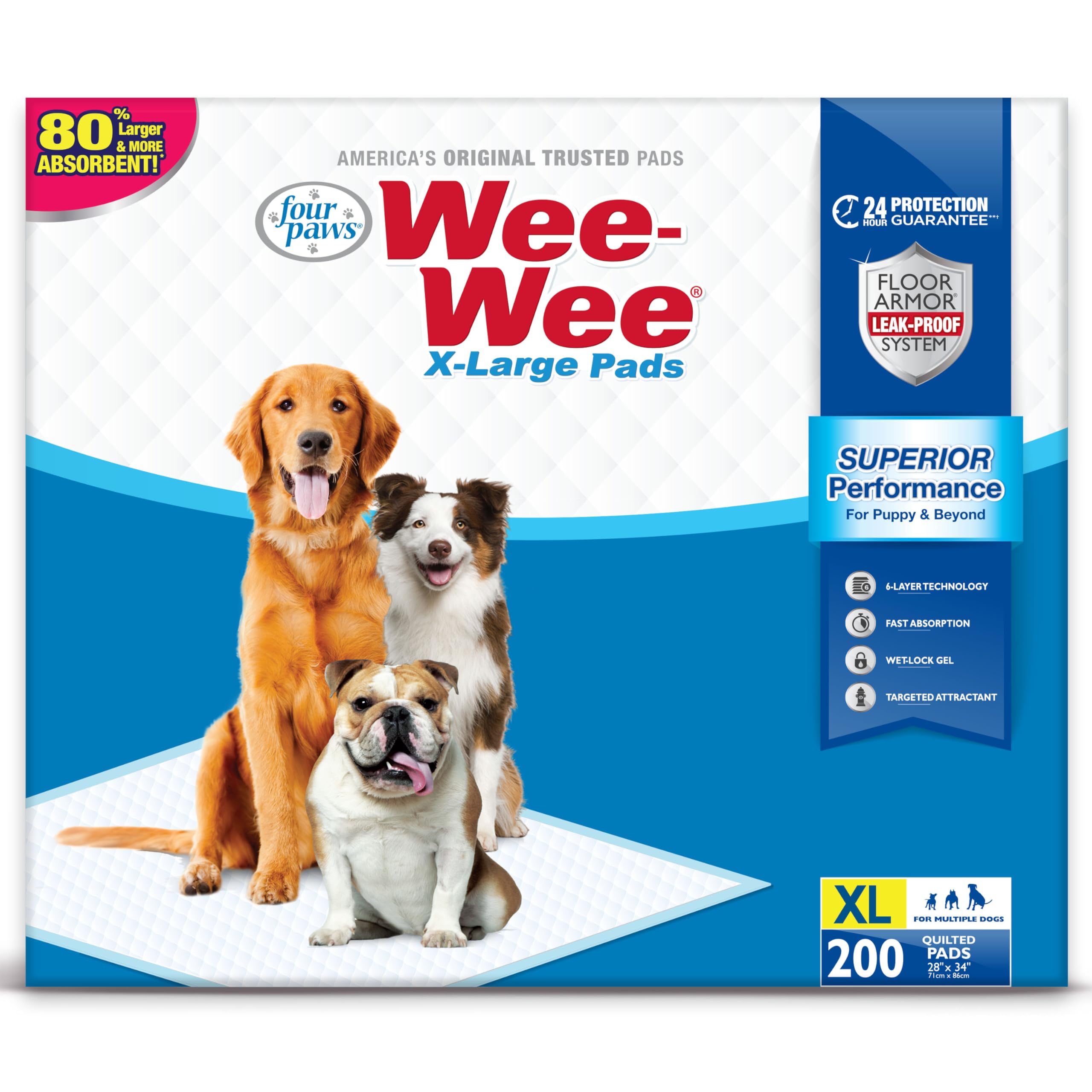 Four Paws Wee-Wee Superior Performance Unscented Extra-Large Pee Pads for Dogs & Puppies, Quilted Leak-Proof Dog Housebreaking P