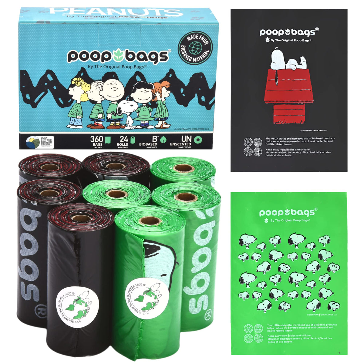 The Original Poop Bags USDA Biobased Pet Waste Bags - Peanuts Characters - Durable, Leak Resistant, 360 Count, BLK/GREEN