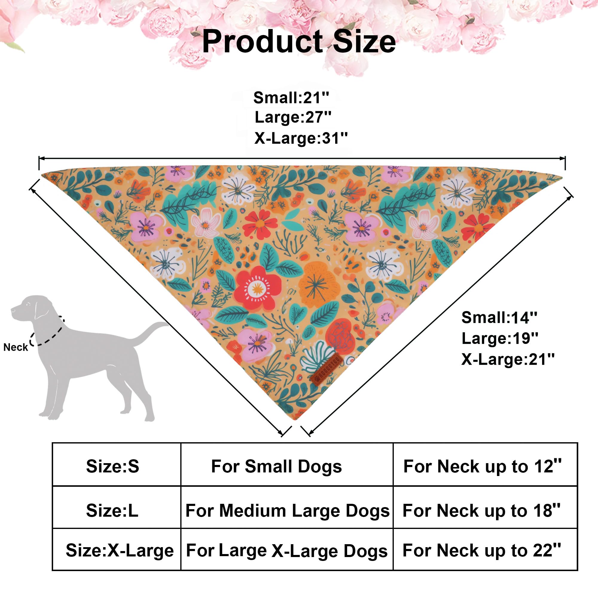 ADOGGYGO Floral Dog Bandana, Orange Green Flower Pet Scarf, Adjustable Fit Floral Bandanas for Extra Large Dogs Pets (X-Large)