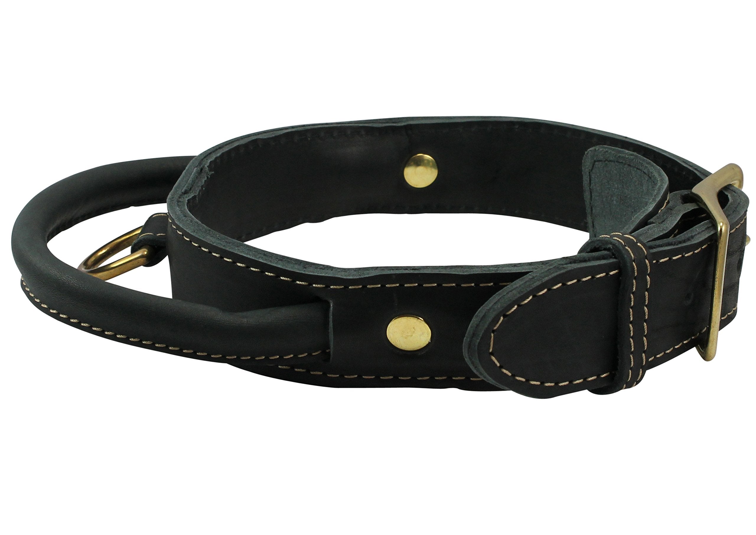 Genuine Leather Dog Collar, Rolled Leather Handle Black (Xlarge: Neck: 20''-23.5'')