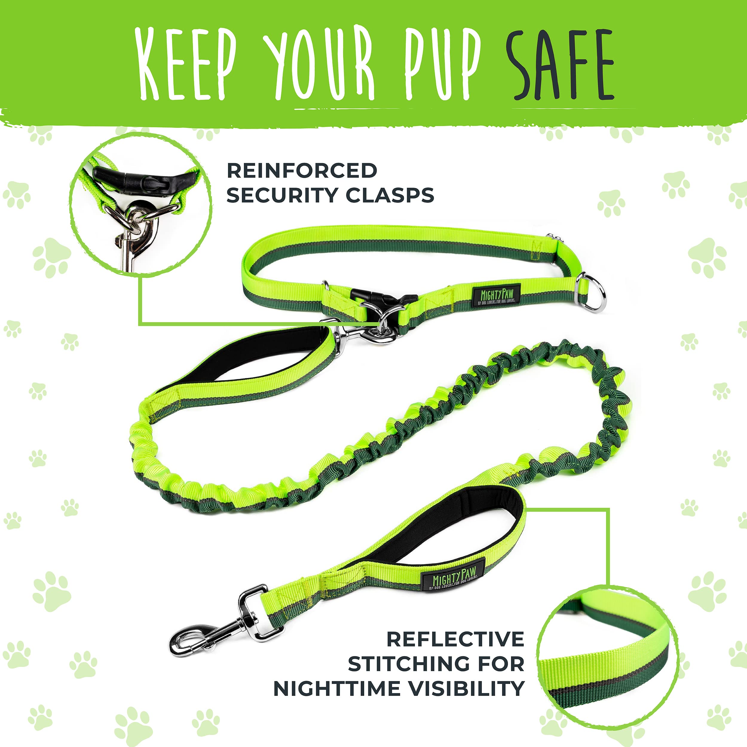 Mighty Paw Hands Free Dog Leash | Bungee Waist Leash For Dog Walking. Pet Running Hands Free Tether For Large, Medium & Small Breeds. Pet Waist Belt (36' - 48') Up To 150 Lbs - Green