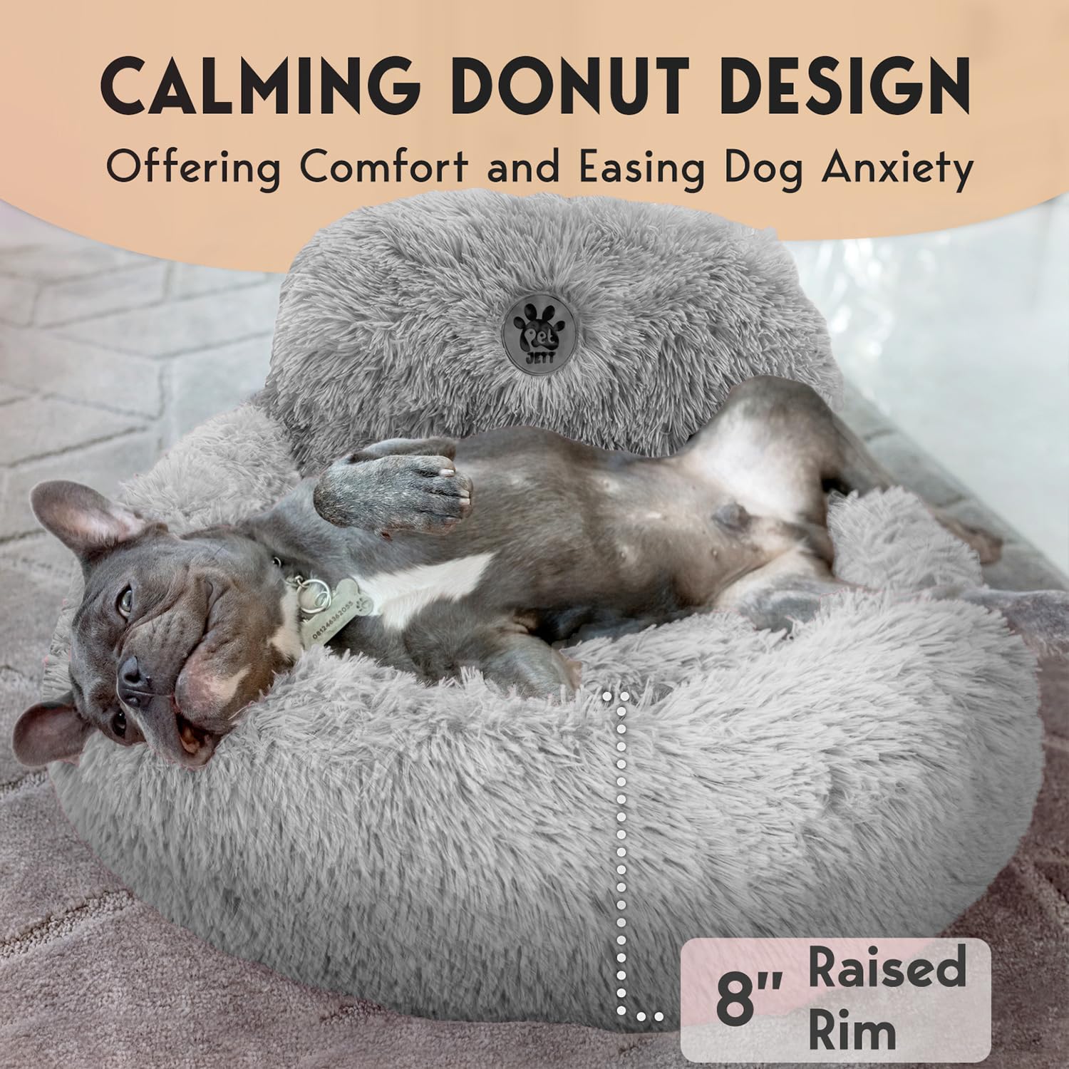 PetJett Calming Small Dog Bed - 23 Round Dog Beds, Anti-Slip & Washable Super Soft Fluffy Plush Faux Fur Pet Bed, Anti-Anxiety