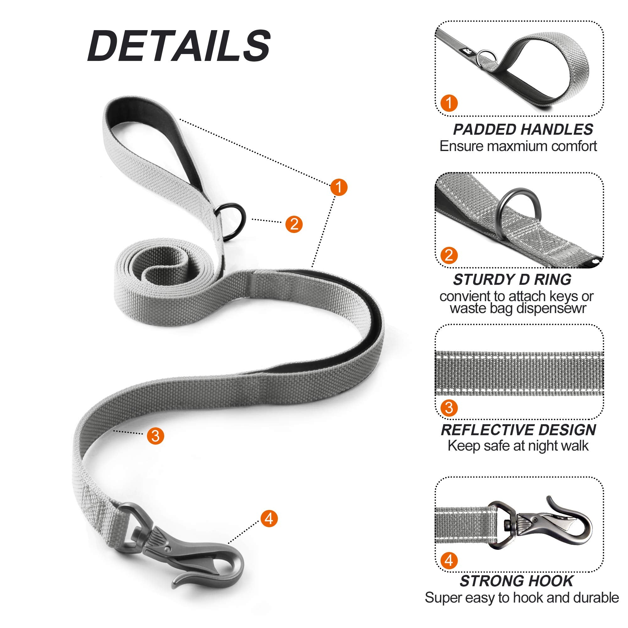 Twoear 5Ft 1In Strong Gray Dog Leash With 2 Padded Handles, Traffic Handle Extra Control, Comfortable Soft Dual Handle, Auto Lock Hook, Reflective Walking Lead For Small Medium And Large Dogs