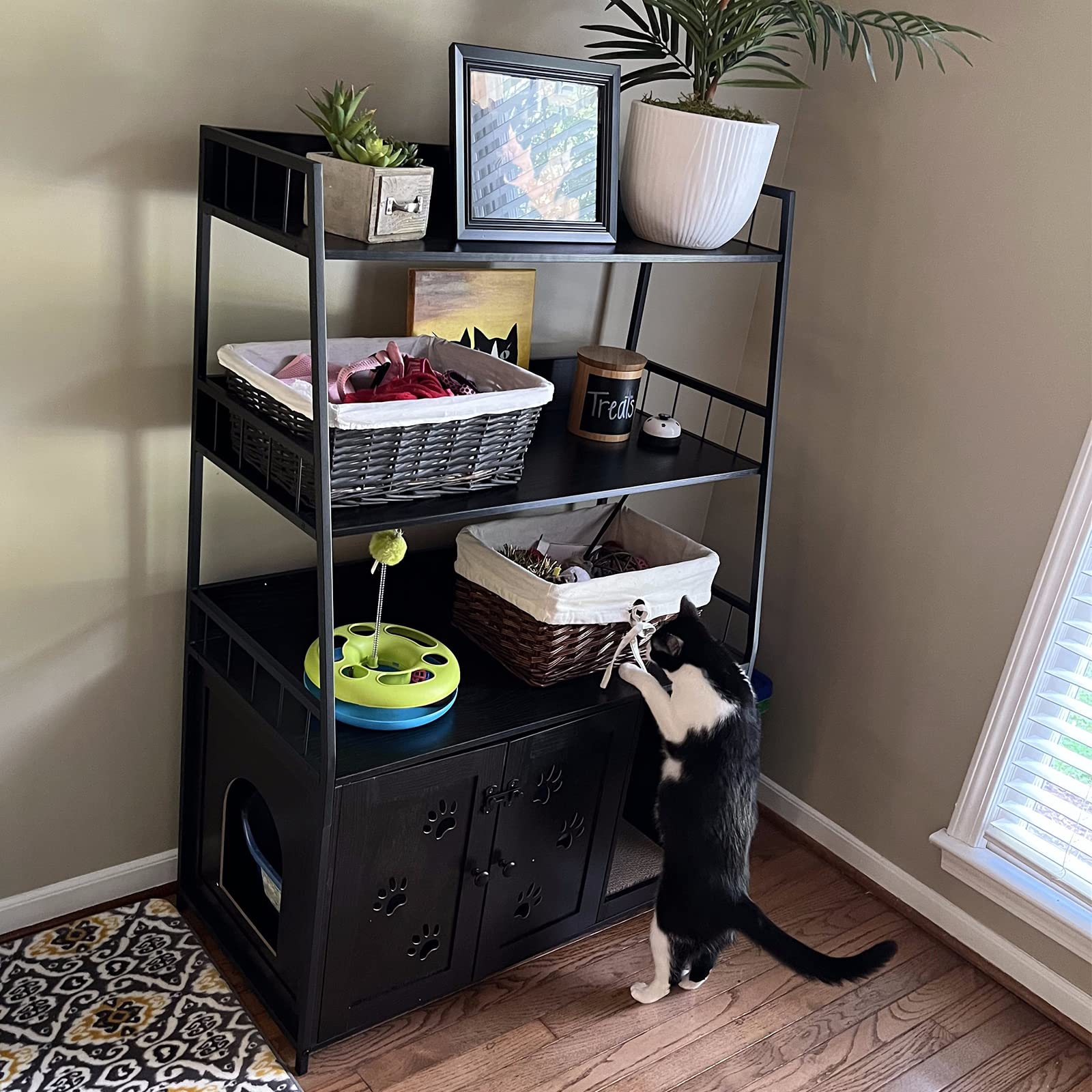 Recaceik Large Cat Litter Box Enclosure With Shelf Storage, Hidden Cat Washroom Furniture, Wooden Cat House With Scratch Pad, St