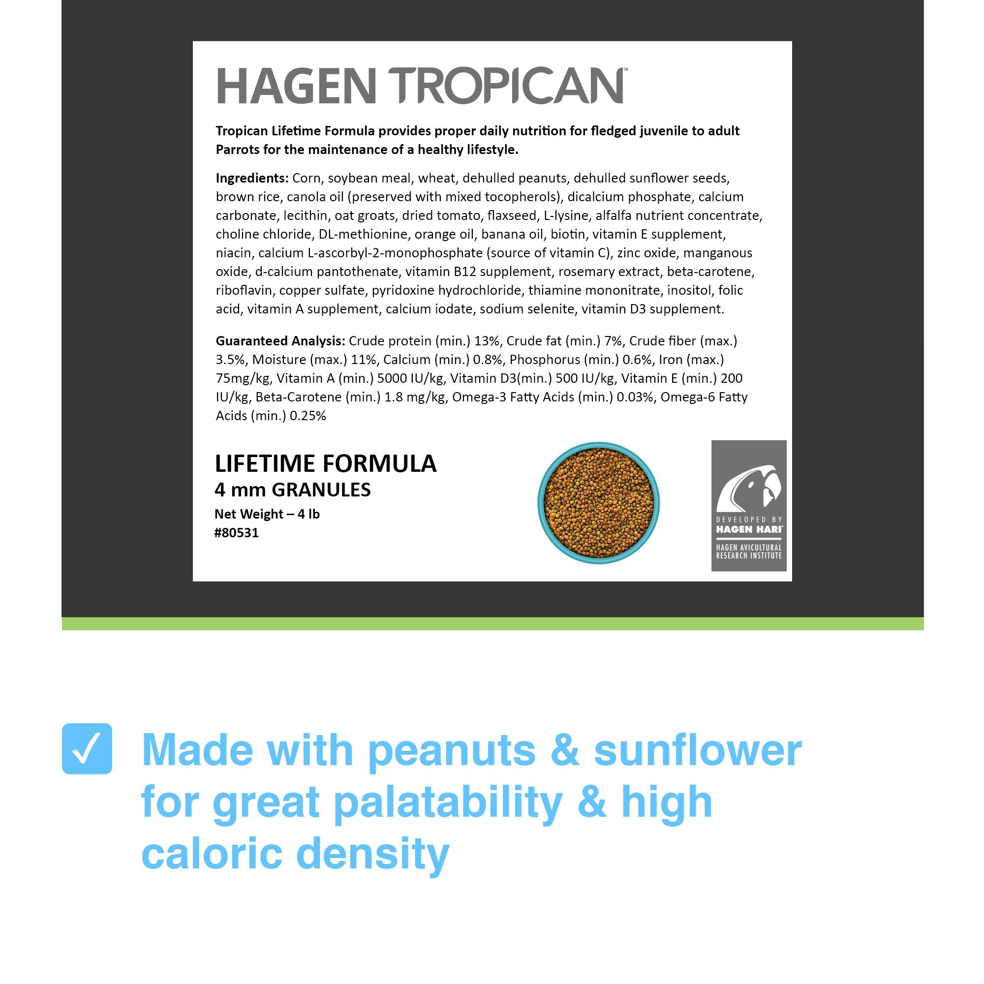 Hari Hagen Parrot Food - Tropican Lifetime Formula, 4 lb with Peanuts & Sunflower Seeds, Balanced Nutrition, Model 80531
