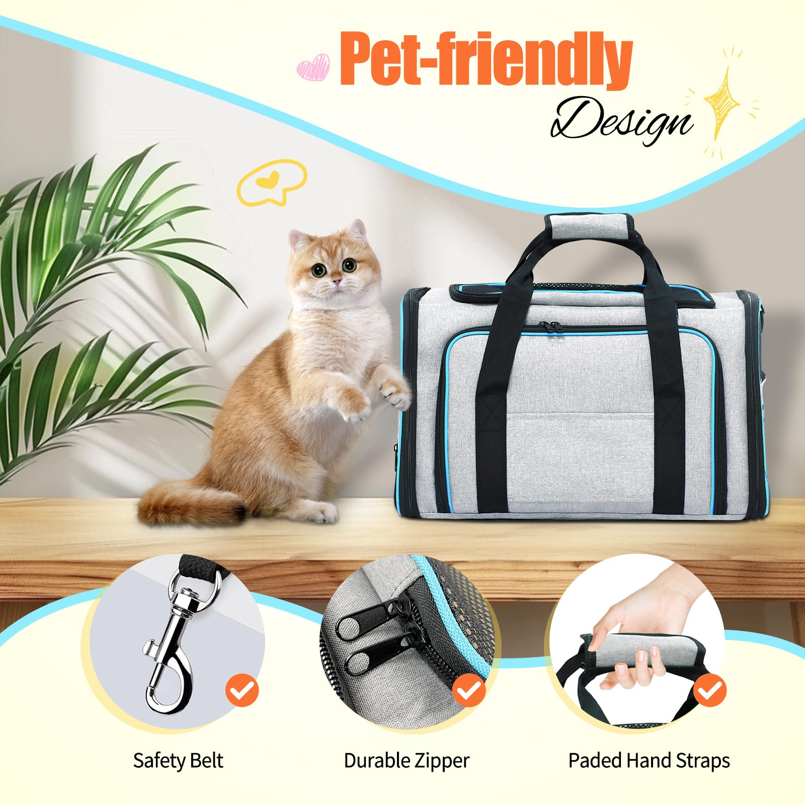 Pet Carrier Airline Approved, Expandable Foldable Soft-Sided Dog Carrier, 3 Open Doors, 2 Reflective Tapes, Pet Travel Bag Safe