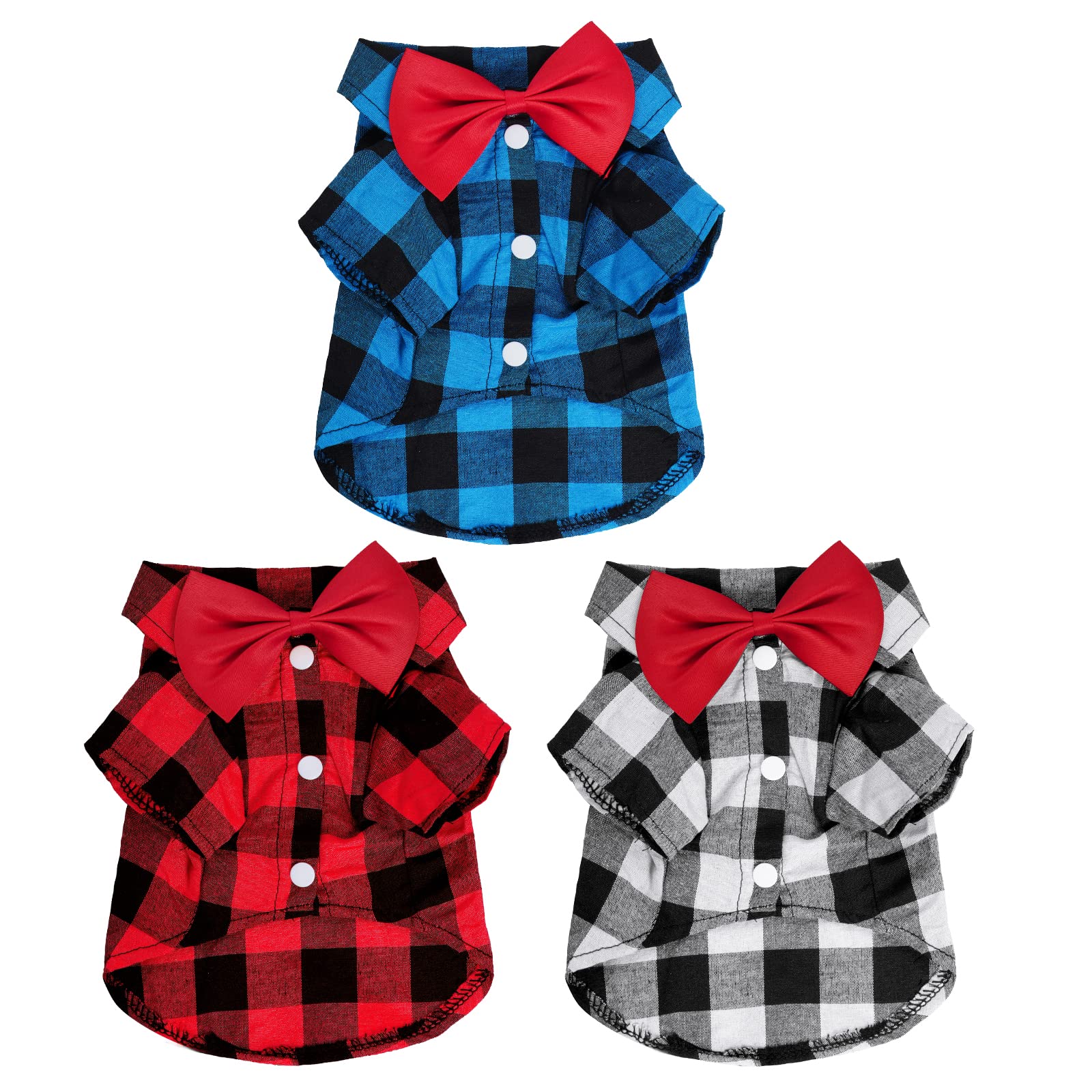 Tongcloud 3 Pack Plaid Puppy Cat & Dog Shirts For Extra Small Dogs & Cats - Birthday Party & Holiday Photos (Red, Blue & White, 