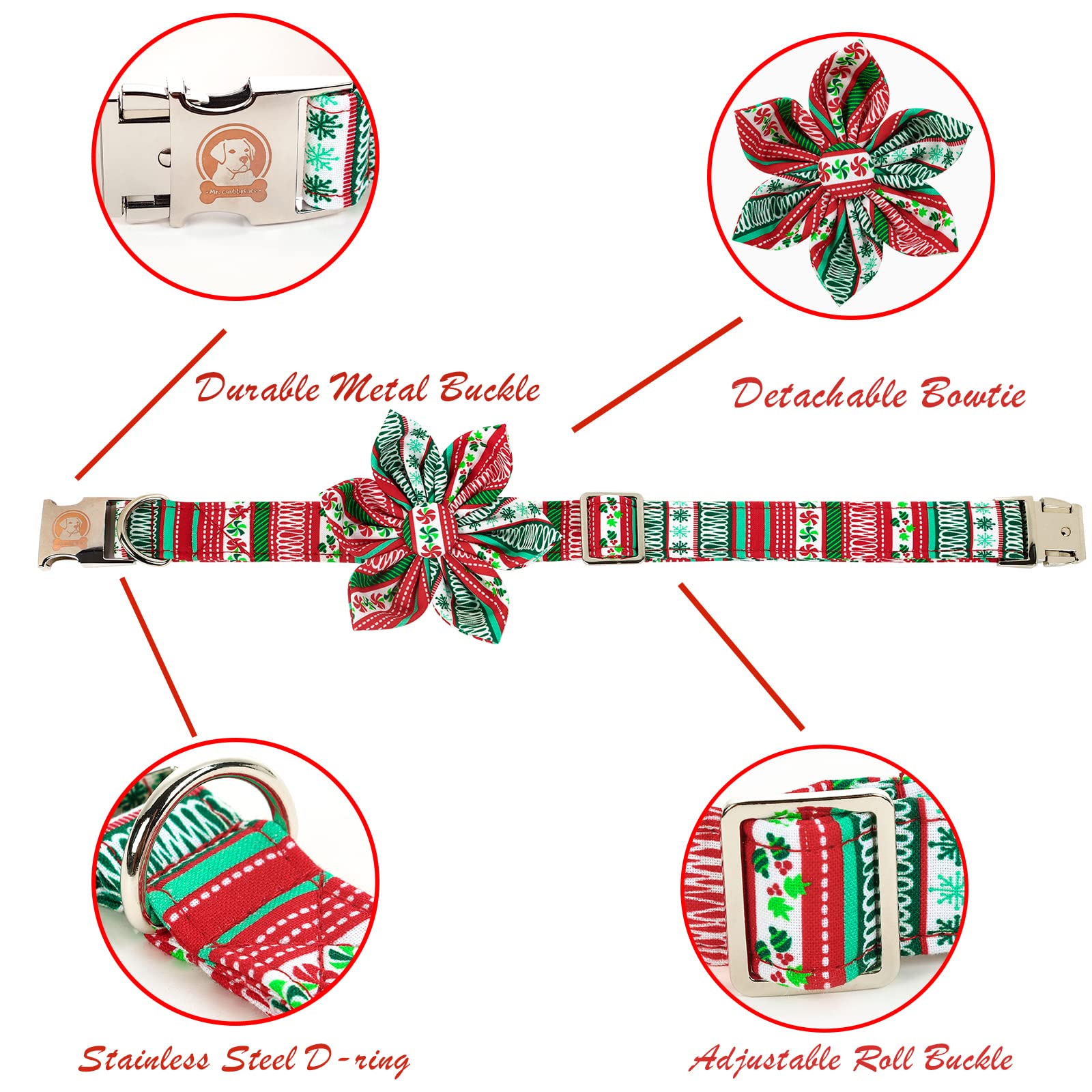 Mr. Chubbyface Christmas Plaid Flower Dog Collar For Boy Girl Dogs Adjustable Red Green Dog Collar With Flower For Small Medium