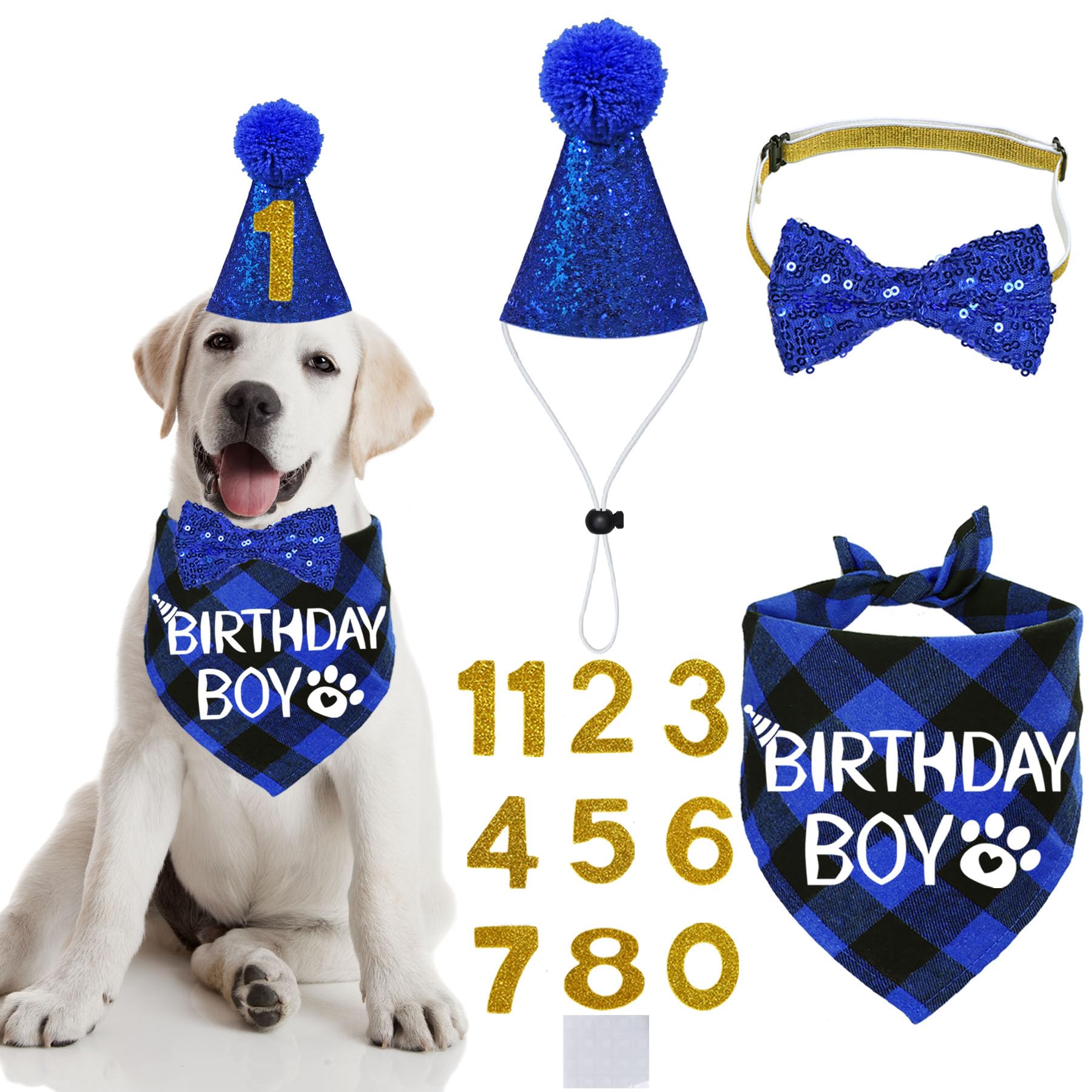 Stmk Dog Birthday Party Supplies, Multi Sizes Dog Birthday Hat With Numbers Bandana Bow Tie For Small Medium Dogs Pets (Small, B