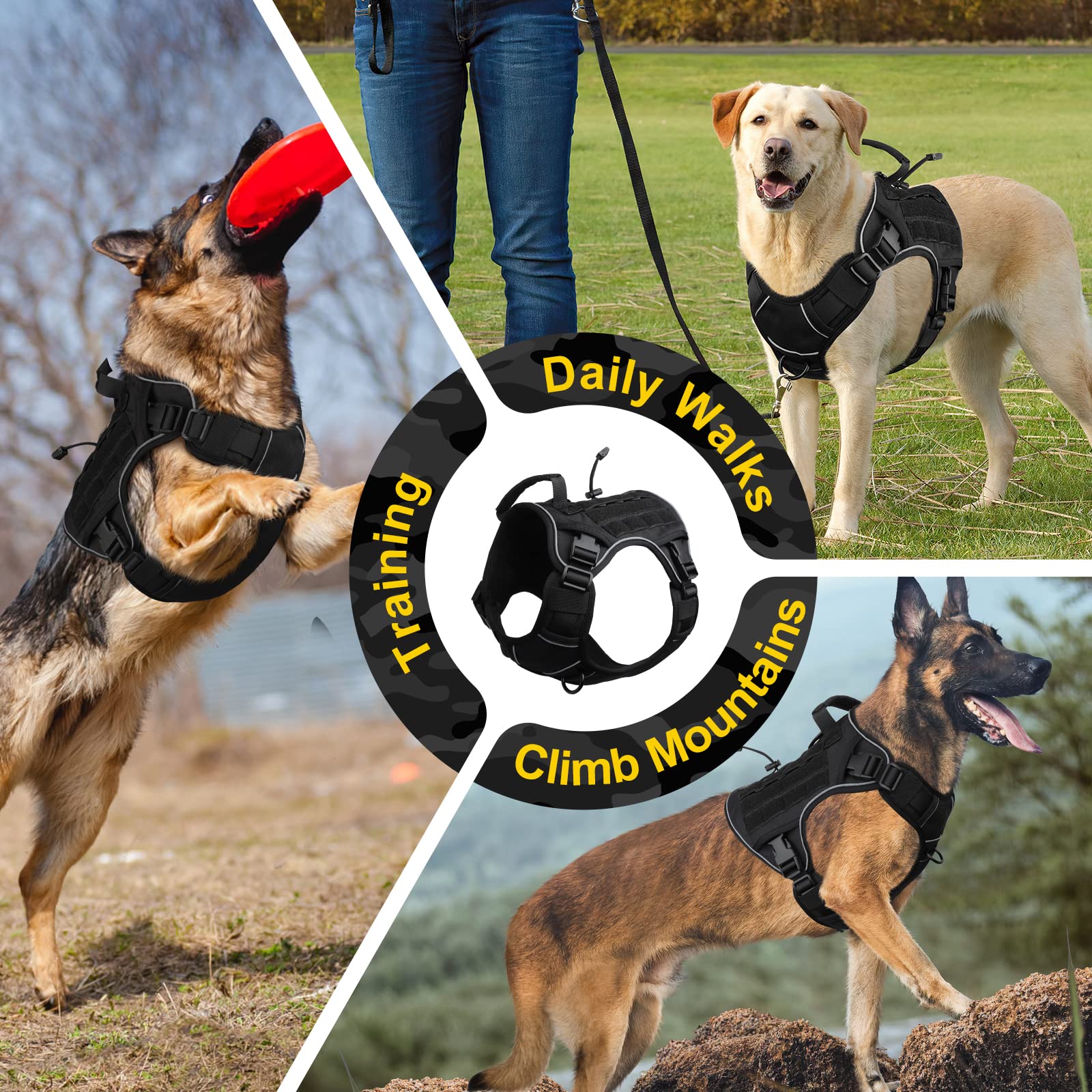 Wingoin Black Tactical Dog Harness For Large Dogs No Pull Adjustable Reflective Military Pet Harness With Easy Control Handle With Hook & Loop Panels For Walking Hiking Training(Xl)