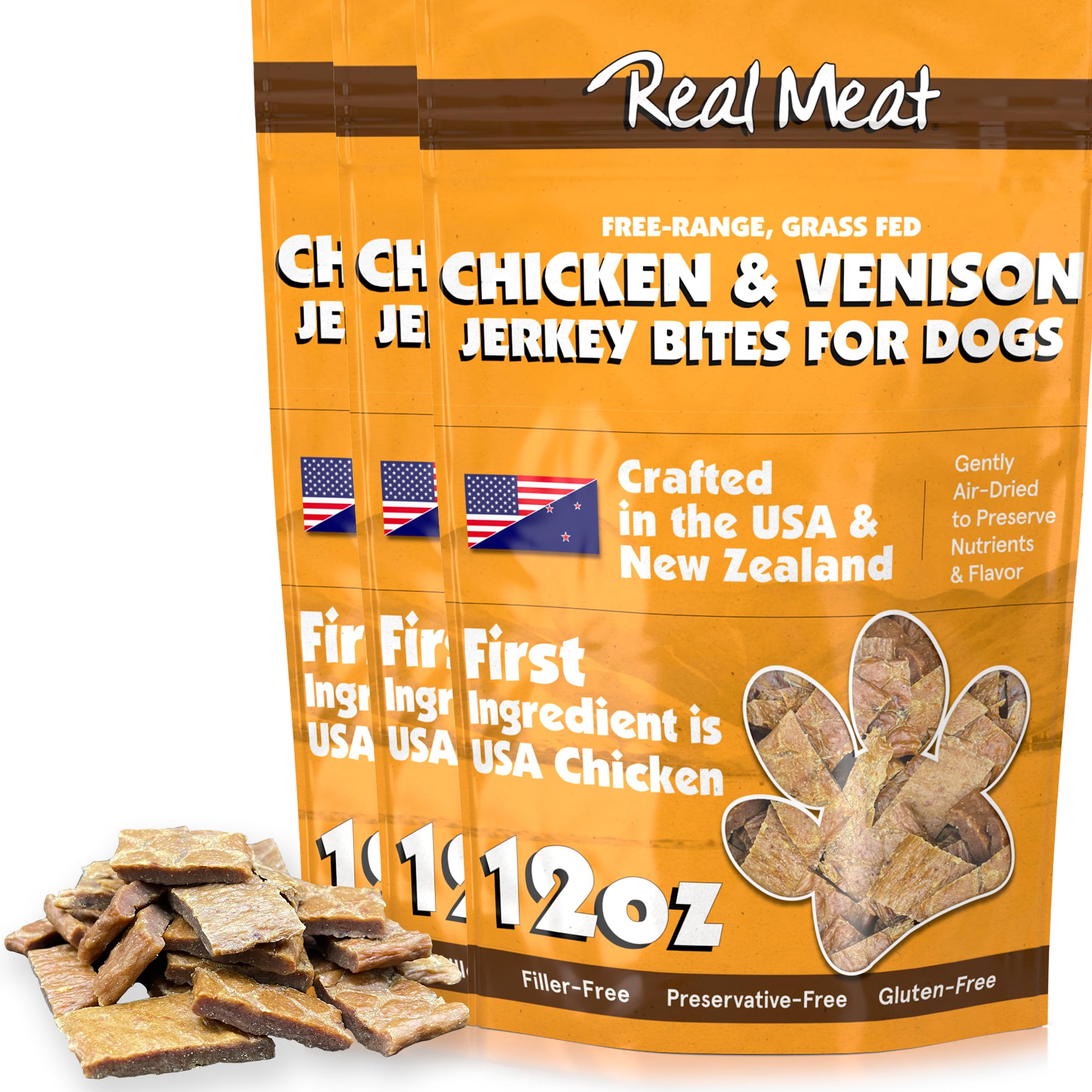 Real Meat Dog Treats - Three 12oz Bag of Bite-Sized Air-Dried Venison & Chicken Jerky for Dogs - Grain-Free Jerky Treats with 95