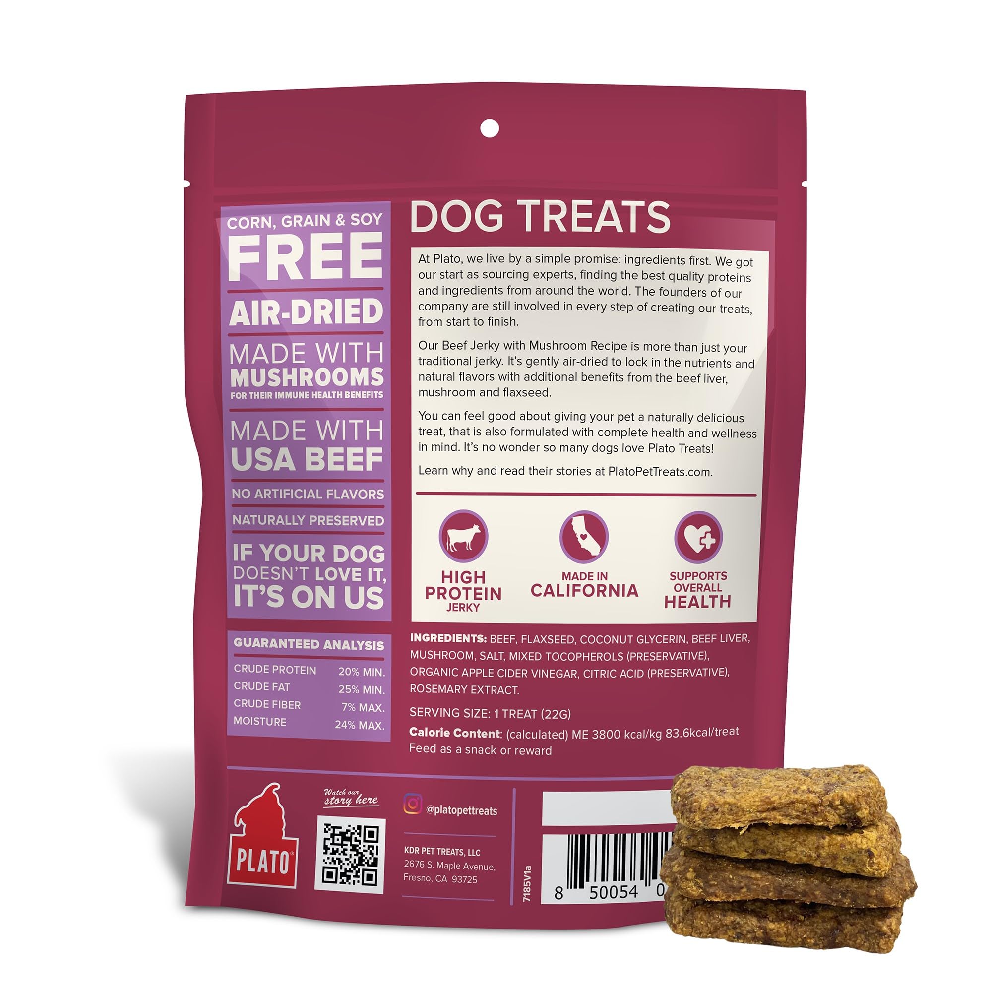PLATO Jerky Dog Treats - Grain Free, High Protein Beef with Mushroom - 16oz