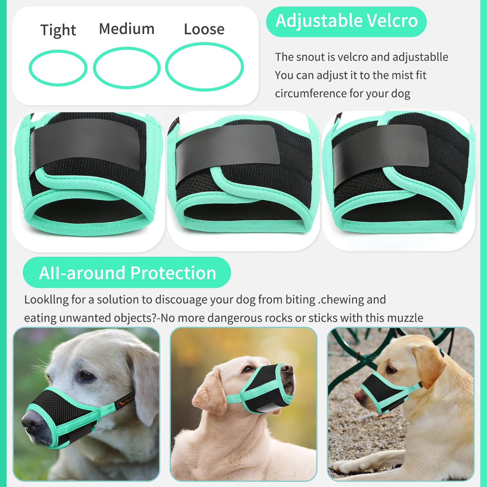Heele Dog Muzzle,Soft Nylon Muzzle Anti Biting Barking Chewing,Air Mesh Breathable Drinkable Adjustable Loop Pets Muzzle For Small Medium Large Dogs New Green Xxl