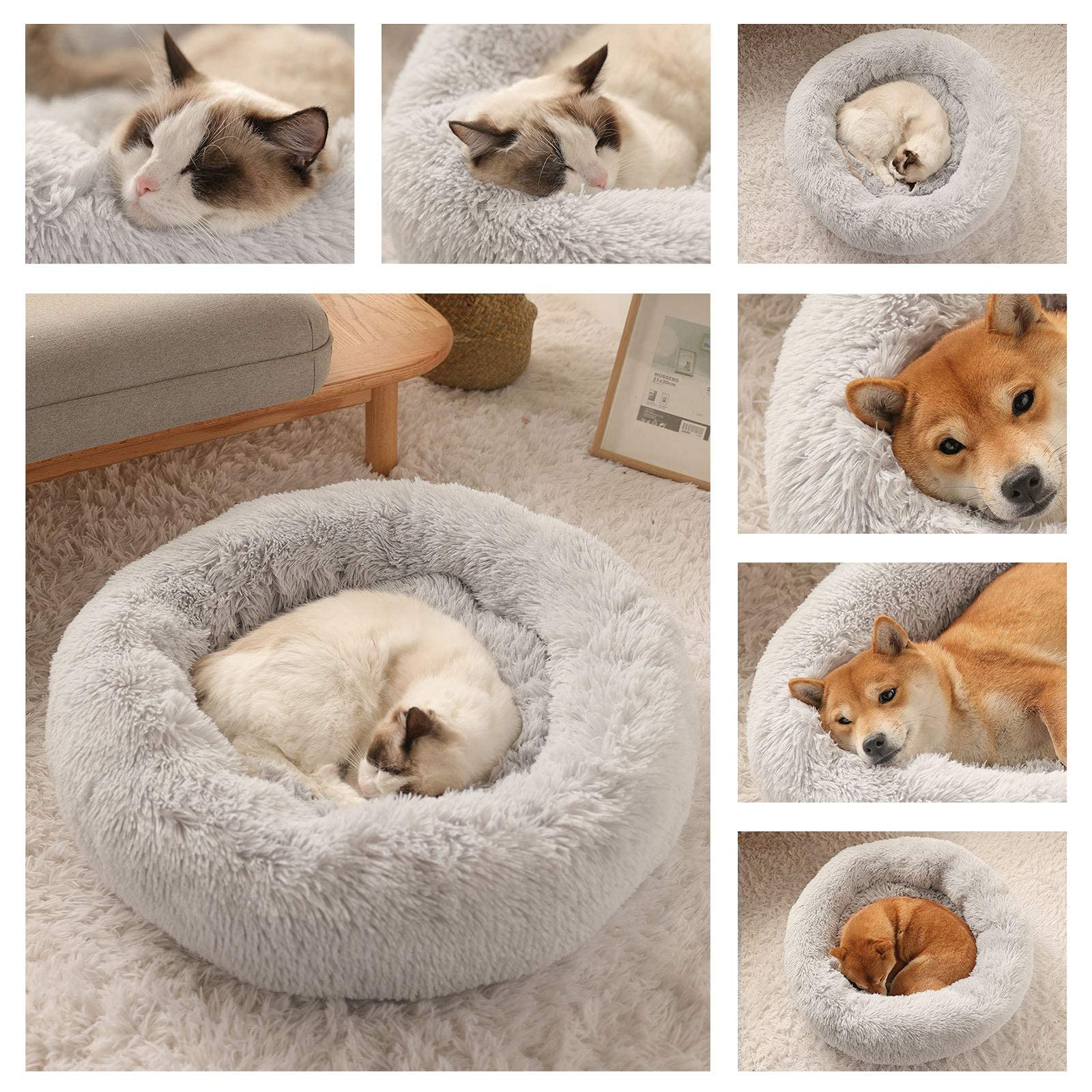 Kimpets Dog Bed Calming Dog Beds For Small Medium Large Dogs - Round Donut Washable Dog Bed, Anti-Slip Faux Fur Fluffy Donut Cuddler Anxiety Cat Bed(20')