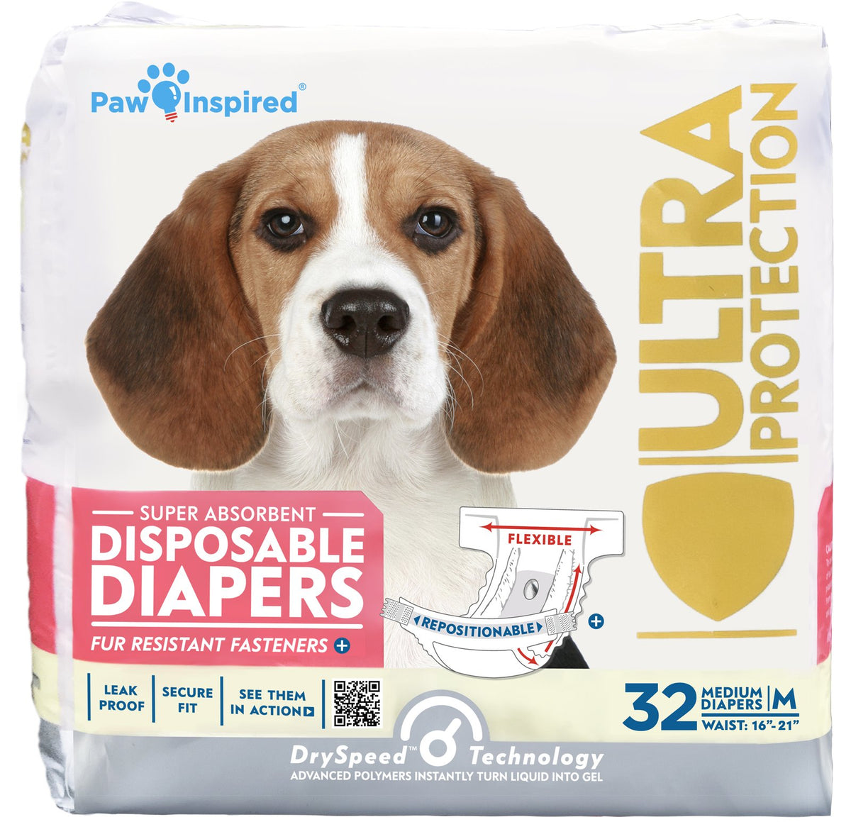 Paw Inspired 32Ct Disposable Dog Diapers | Female Dog Diapers Ultra Protection | Diapers For Dogs In Heat, Excitable Urination, Or Incontinence (Medium)