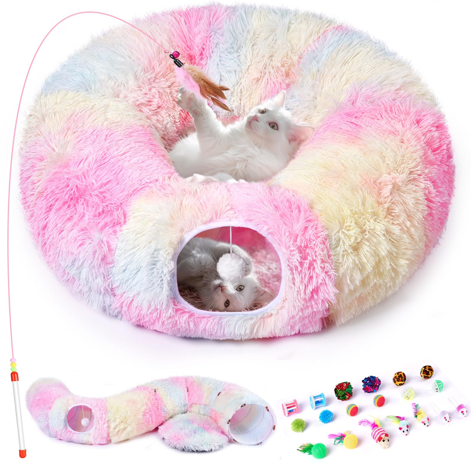 Odoland Cat Tunnels Bed With 20 Cat Toys For Indoor Cats, Plush Cat Couch Tunnel Bed For Kitten, Cat Cave Donut Tunnel - Detacha