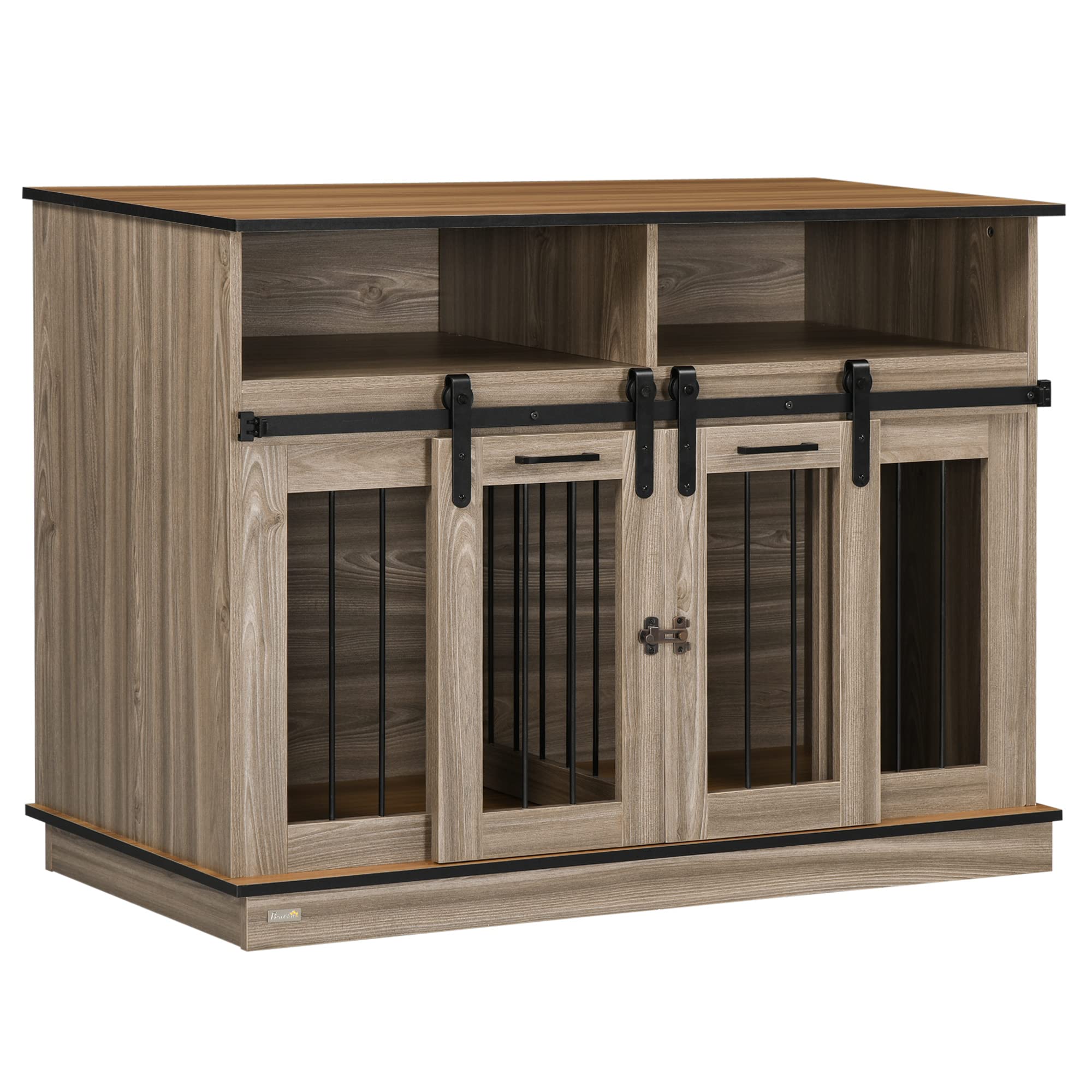 PawHut Dog Crate Furniture for Large Dogs or Double Dog Kennel for Small Dogs with Shelves, Sliding Doors, 47 x 23.5 x 35, Oak