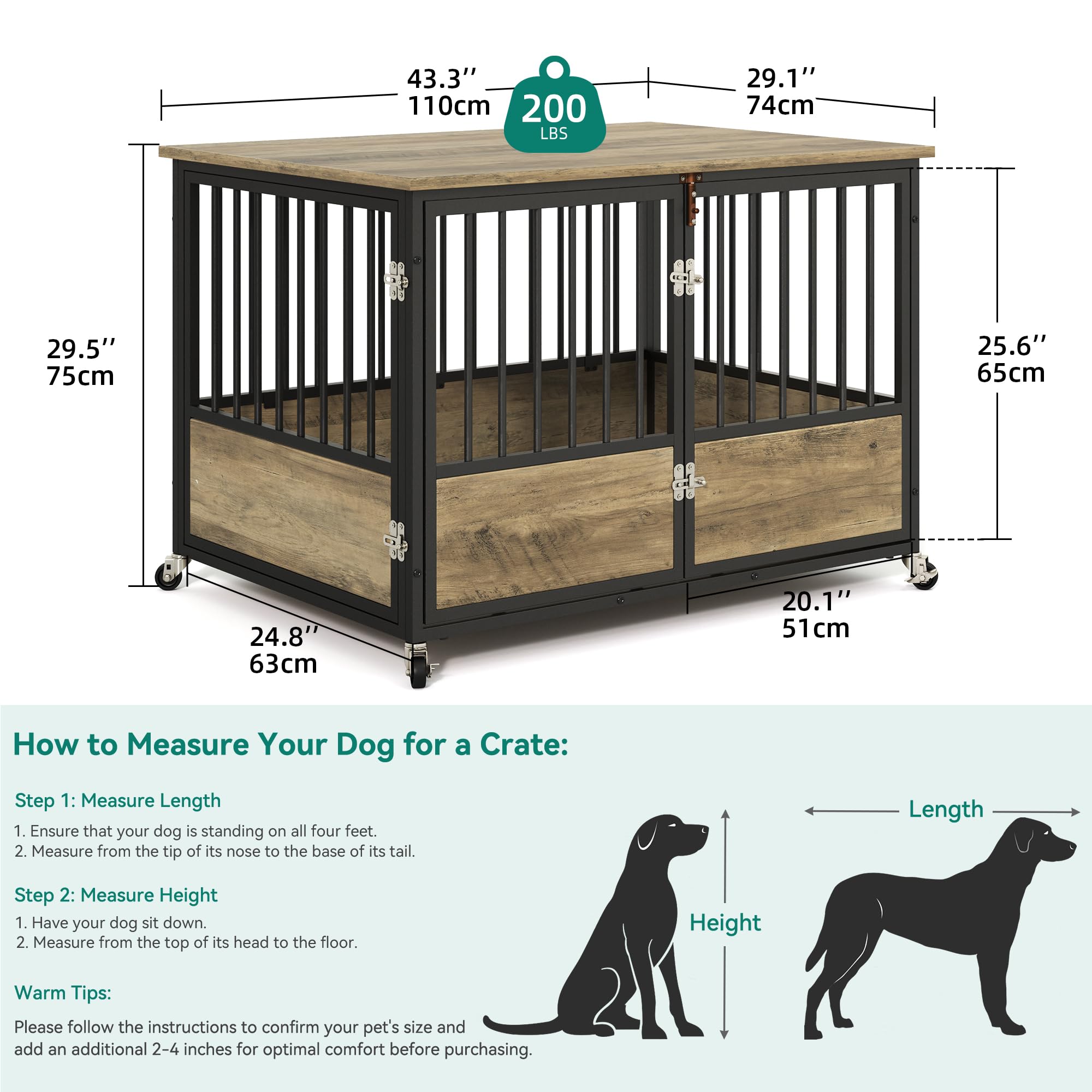 YITAHOME 43.3 Dog Crate Furniture with Wheels, Heavy Duty Wood Dog Cage Table with Double-Doors Chew-Resistant Wooden Dog Kennel