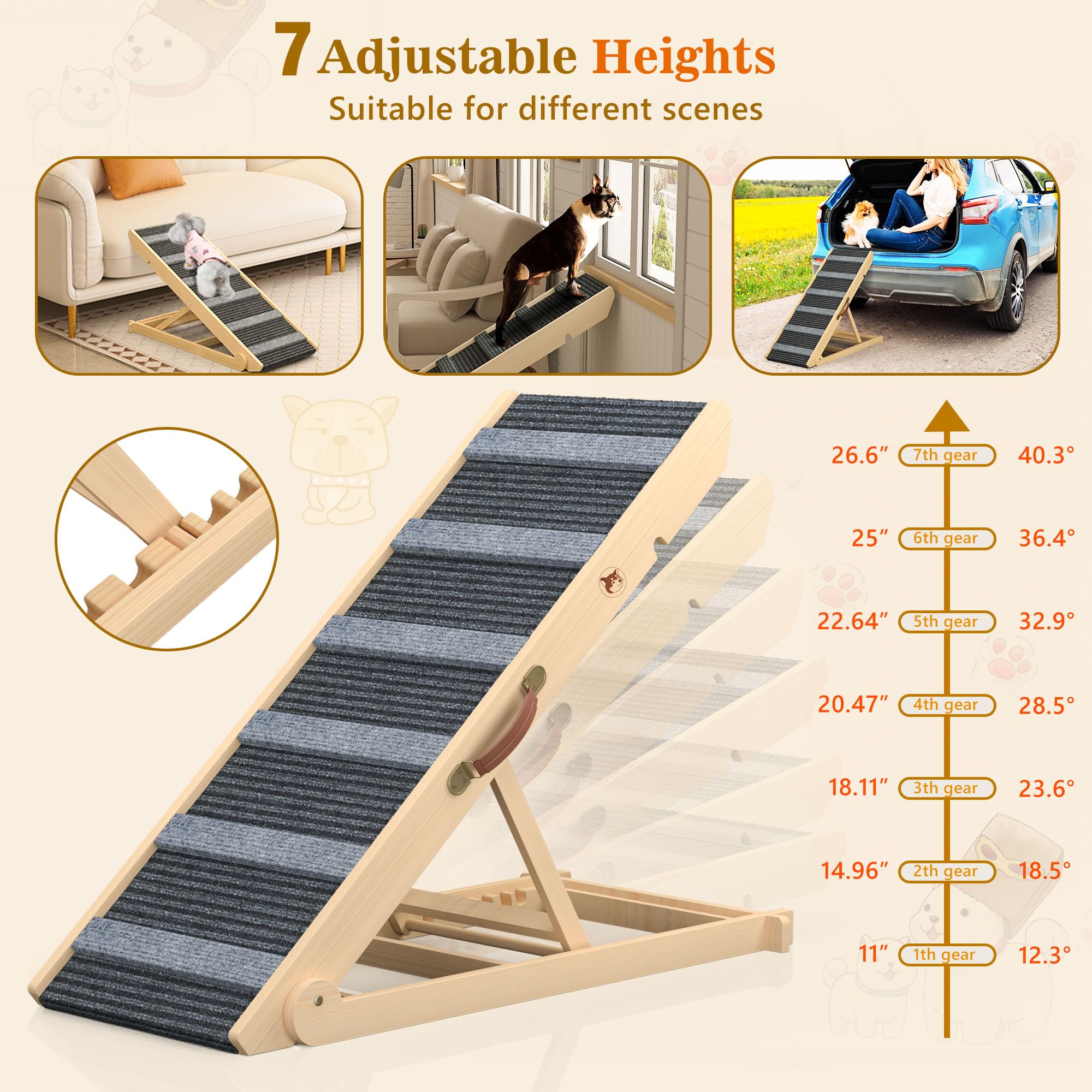 Reoney ???????? ???????????????? Dog Ramp, Portable Pet Ramp For Large Small Old Dogs Cats With 7 Adjustable Heights 11'' To 26.