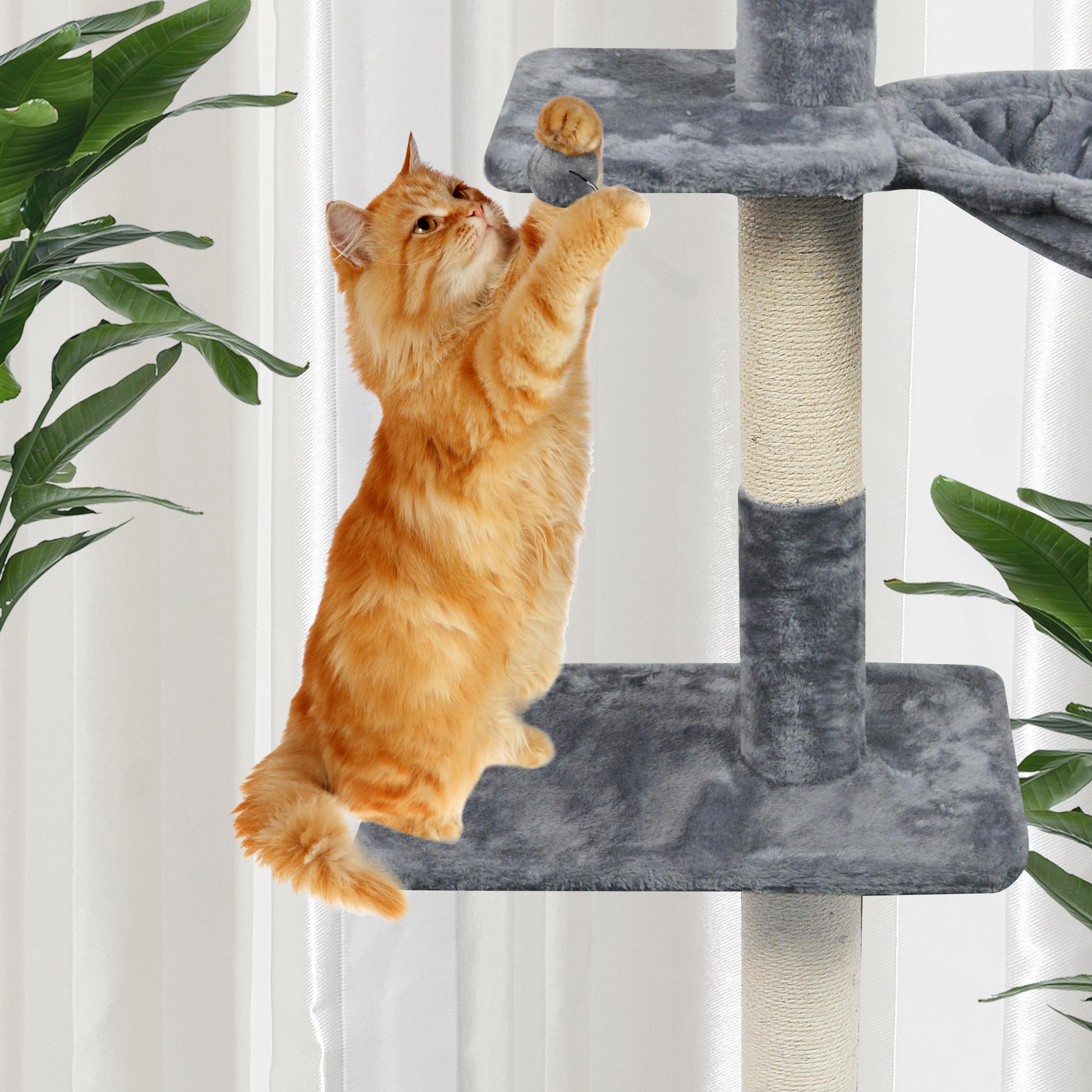 Roypet 93-116 Tall Cat Climbing Tree, 5-Tier Activity Center, Grey, with Hammock & Scratching Posts - Cat Furniture