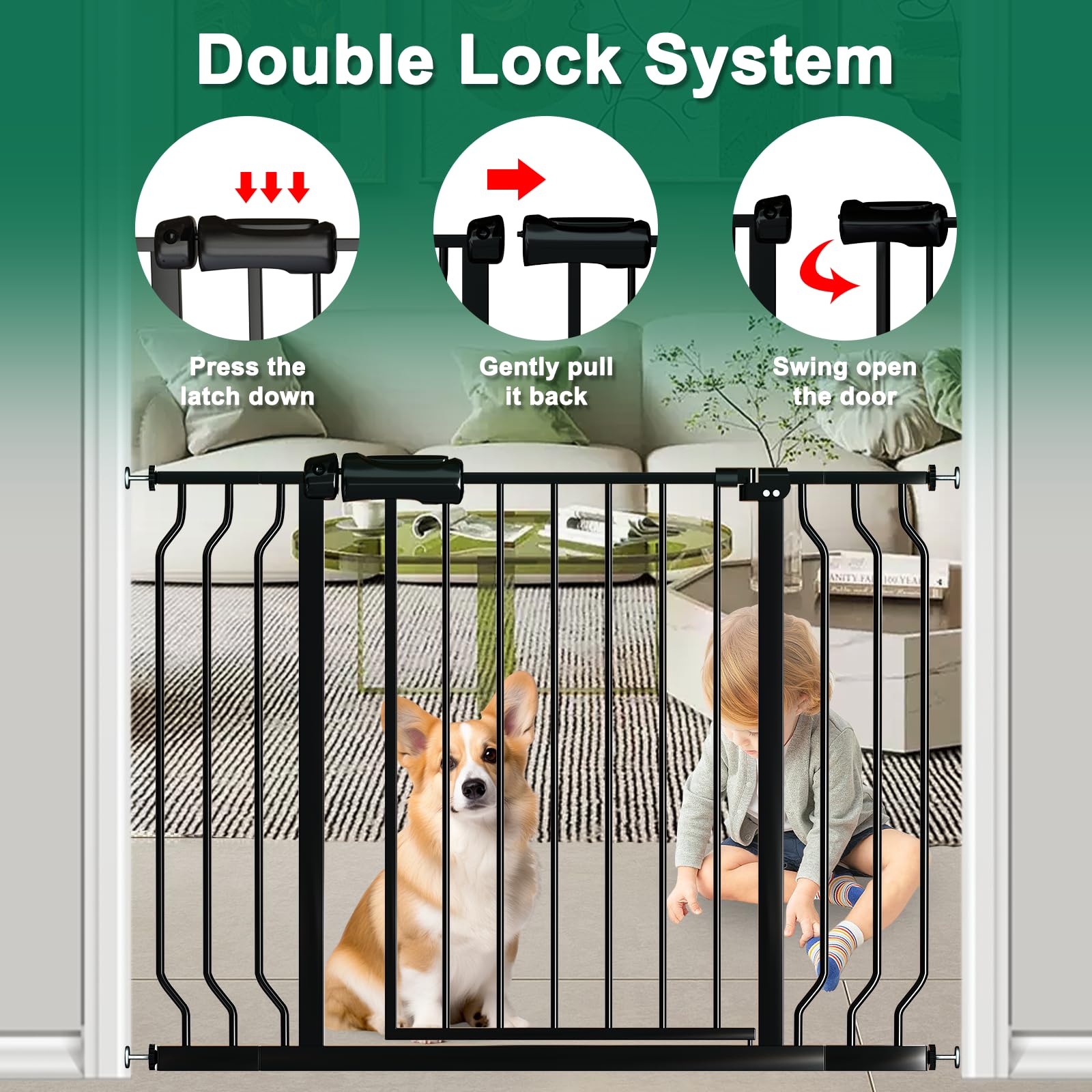 Extra Wide Baby Gate Black 48-53 Inch Wide, Walk Through Pressure Mounted No Drill, Long And Large Tension Gate For Pet And Kids