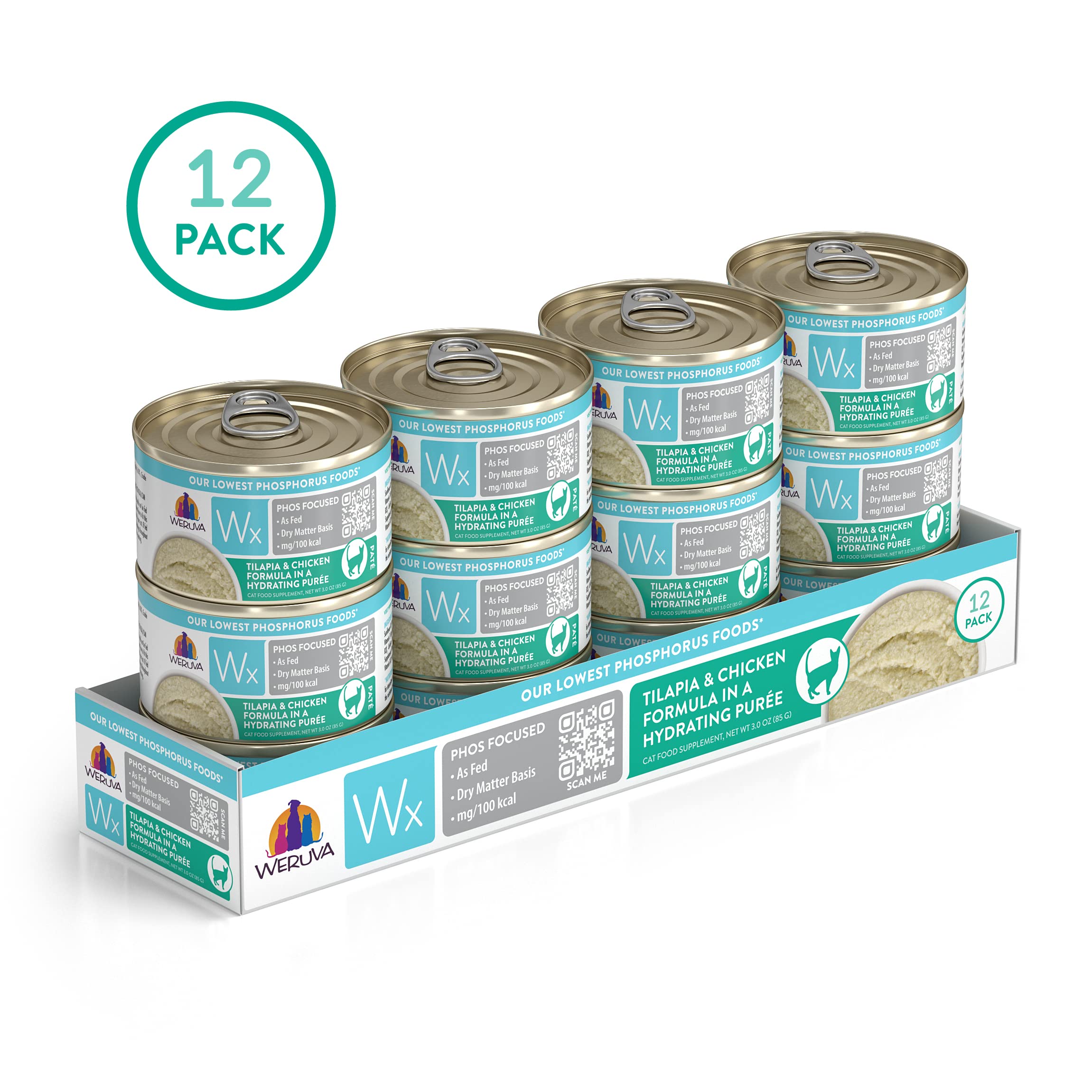 Weruva Wx Phos Focused, Tilapia & Chicken Formula in a Hydrating pur  e, 3oz Can (Pack of 12)