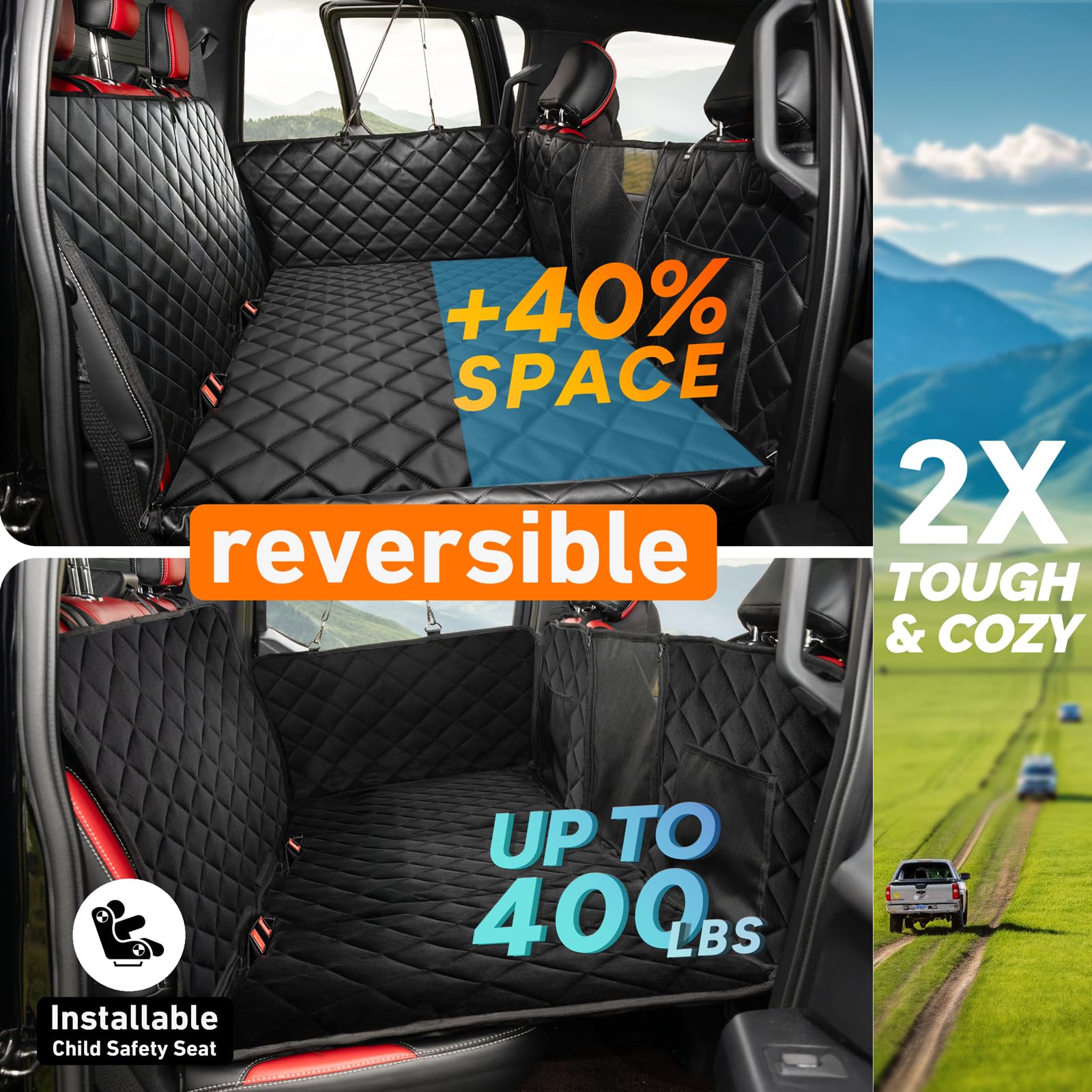 Bearcover Back Seat Extender For Dogs, Waterproof Pet Car Seat Cover, Xl Leather + Plush Rear Seat Protector With Hard Bottom, N