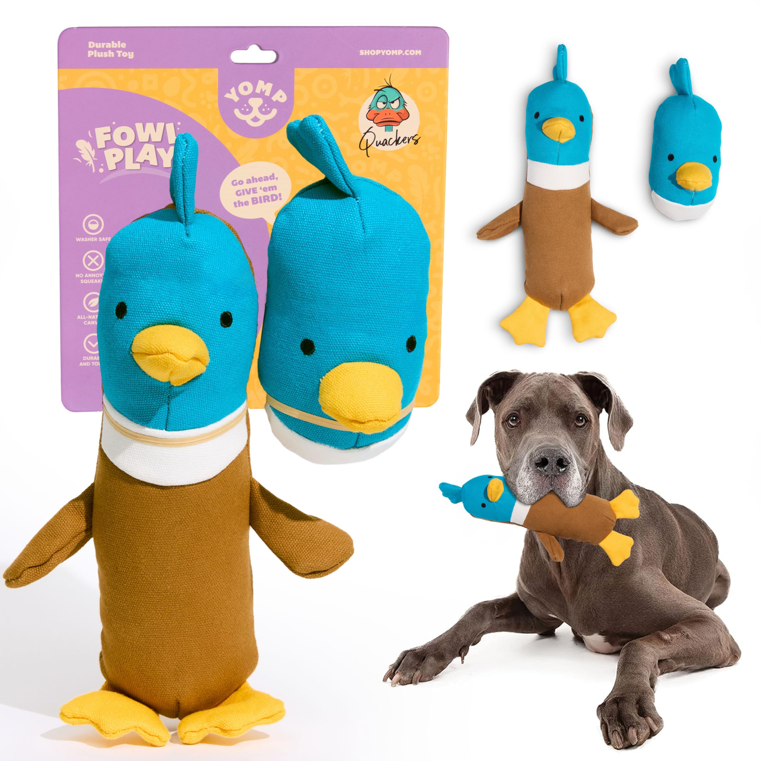 Yomp Duck Toy For Dogs - Durable Plush Chew Toy With Natural Canvas And Crinkle Paper - Interactive Stuffed Animal For Dogs (2-P
