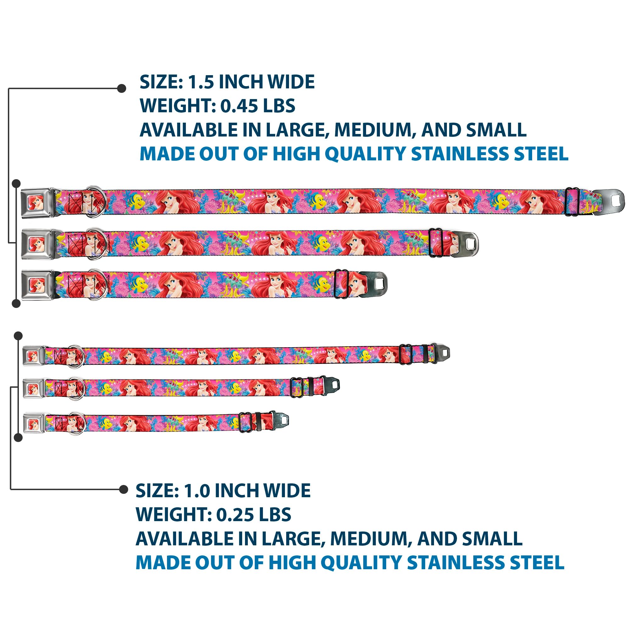 Buckle-Down Seatbelt Buckle Dog Collar - Ariel/Flounder/Fish Trio Poses Pinks - 1' Wide - Fits 11-17' Neck - Medium