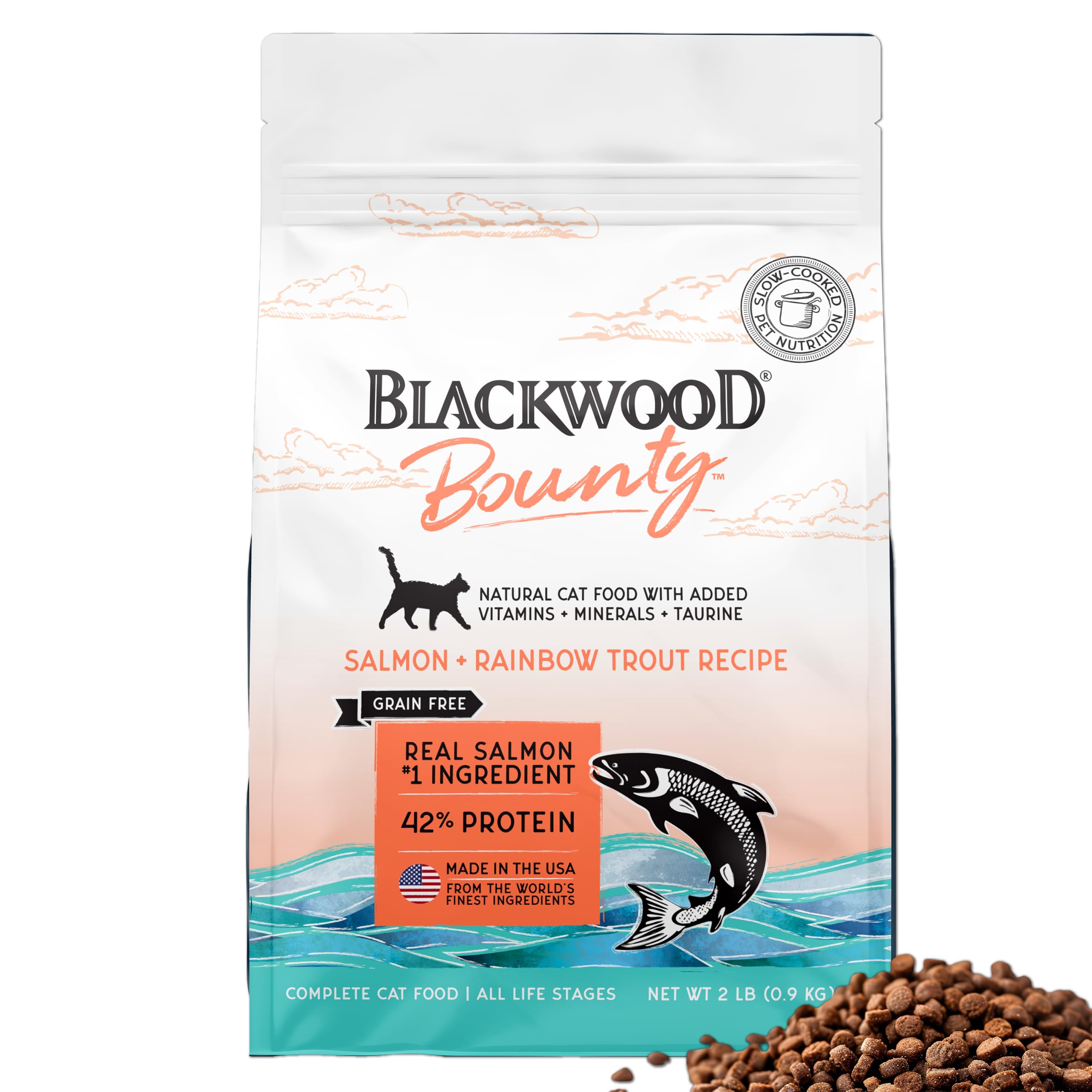 Blackwood Bounty Dry Cat Food, Salmon & Rainbow Trout Recipe for All Life Stages, 2 Pound Bag, High Protein, Grain Free