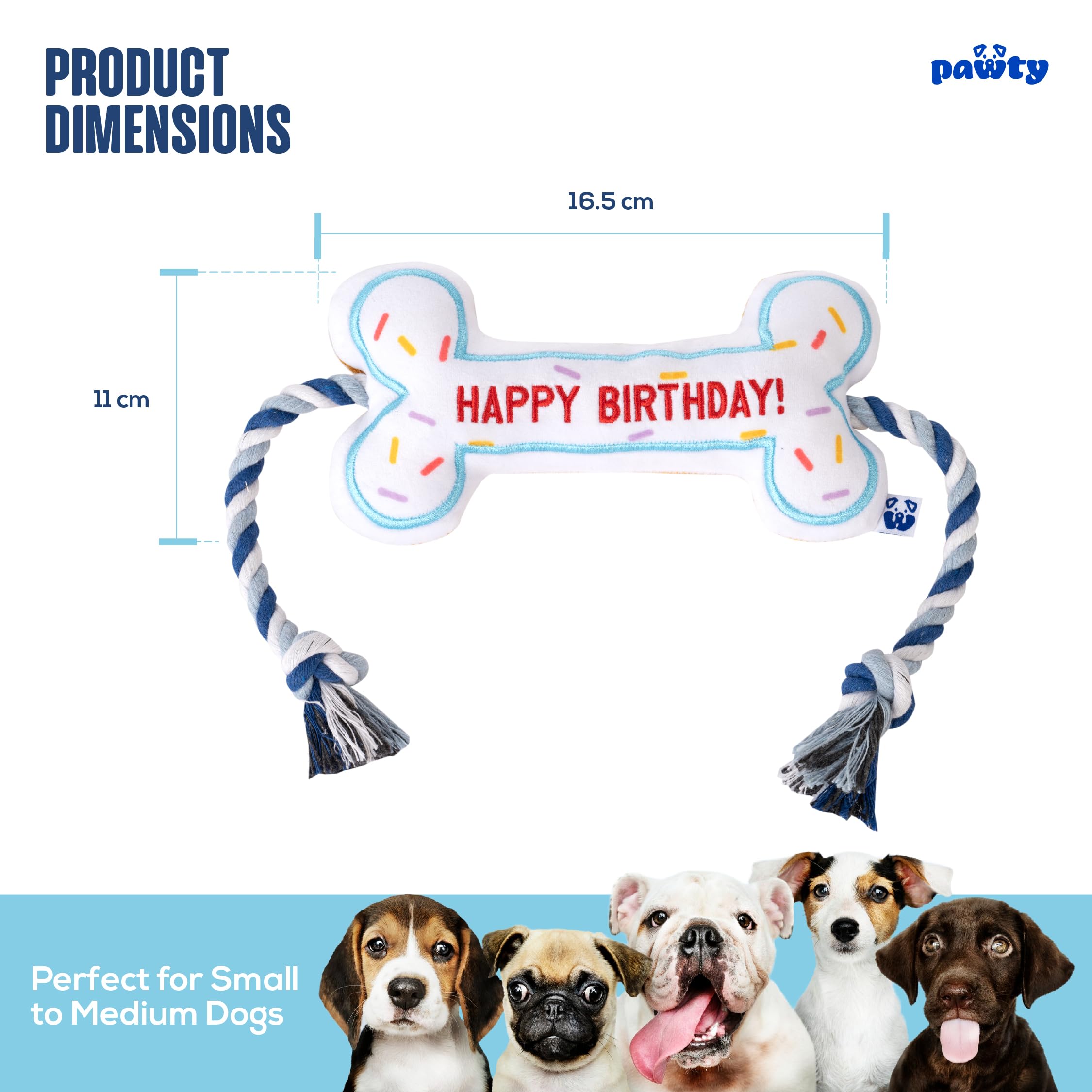 Birthday Bone Interactive Dog Toy - Interactive Tug Rope Pet Toy - Cute Unique Design Party Birthday Gift - Small Medium Puppy -