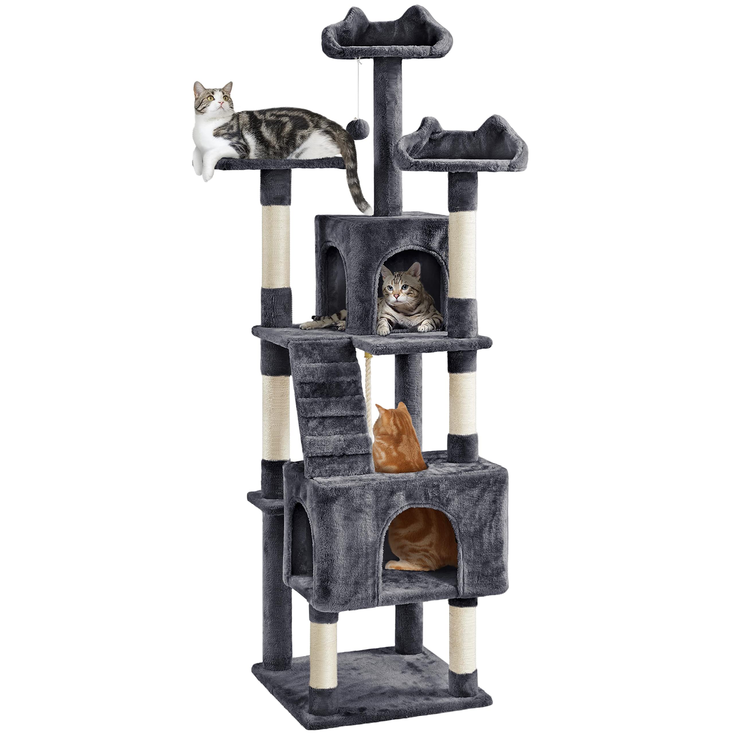 Yaheetech Xl Cat Tree, 72In Multi-Level Cat Tower With 2 Cozy Caves, 3 Soft Perches, Scratching Posts, Board, And Dangling Ball,