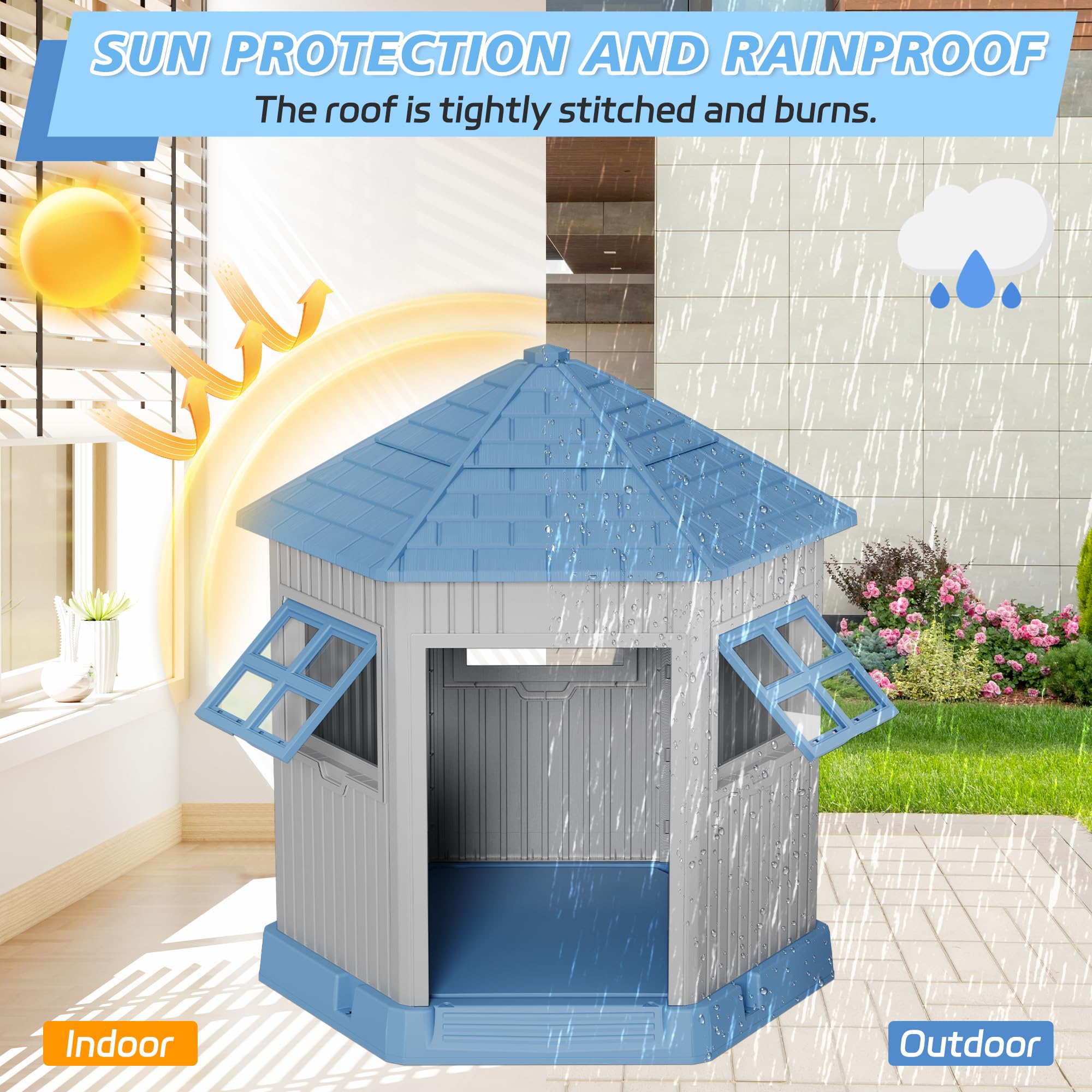 Fancyango Dog House for Small Medium Dogs, Weatherproof, Elevated Floor, 36.61''L x 29.5''W x 37.4''H, Blue-Grey, Model