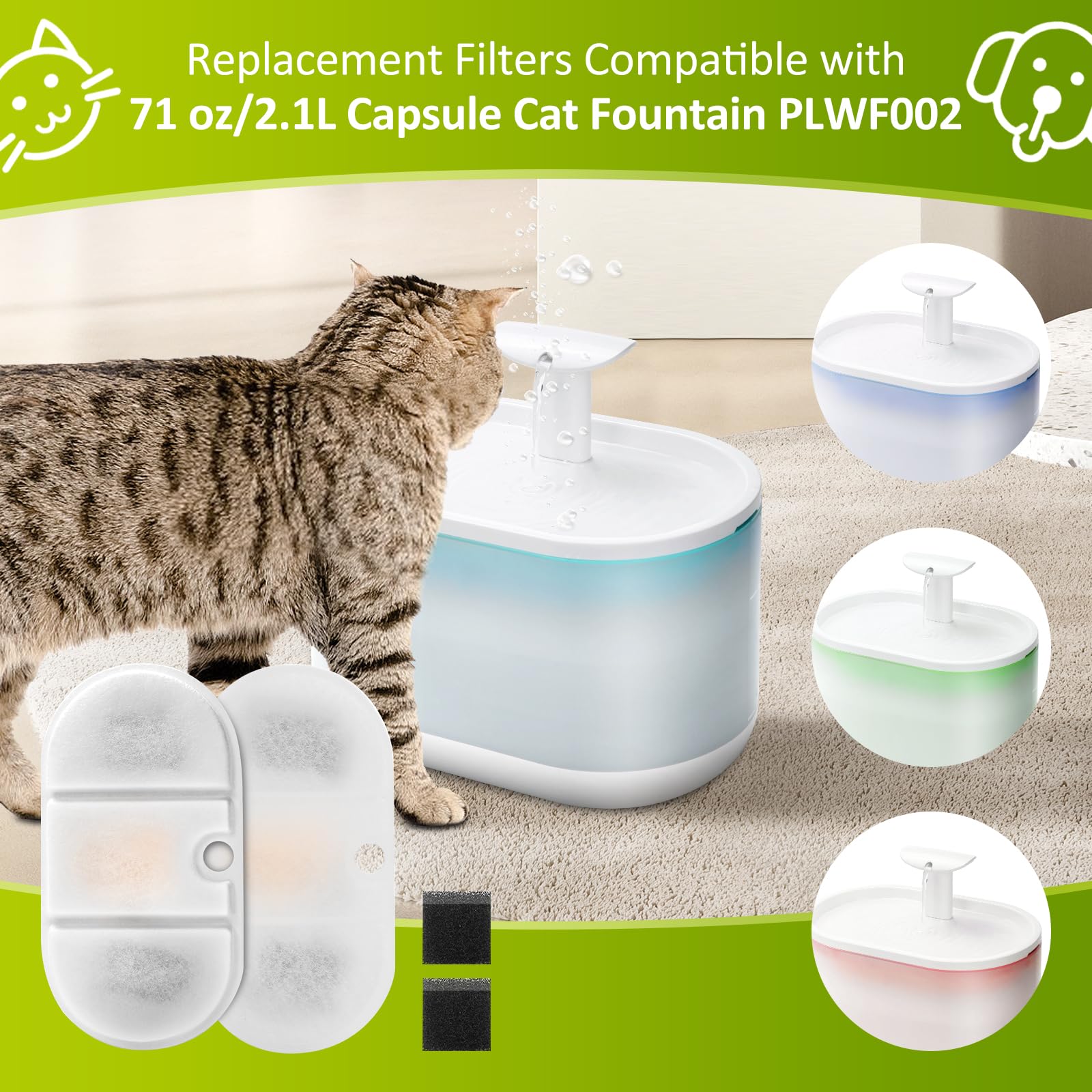 8 Pack Replacement Filters for Capsule Cat Water Fountain PLWF002, ZEKIRY Cat Water Filter Replacement, Triple Filtration Pet Wa