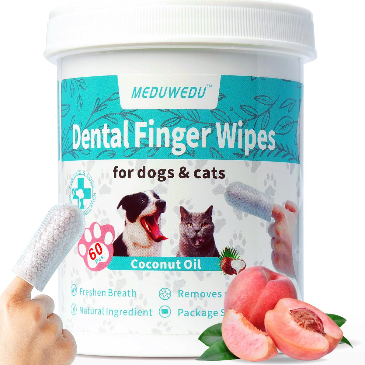 Meduwedu Dental Care Finger Wipes 60 Counts,Teeth Cleaning Finger Wipes For Dogs & Cats,Reduces Plaque & Supports Oral Freshness, Peach Scent