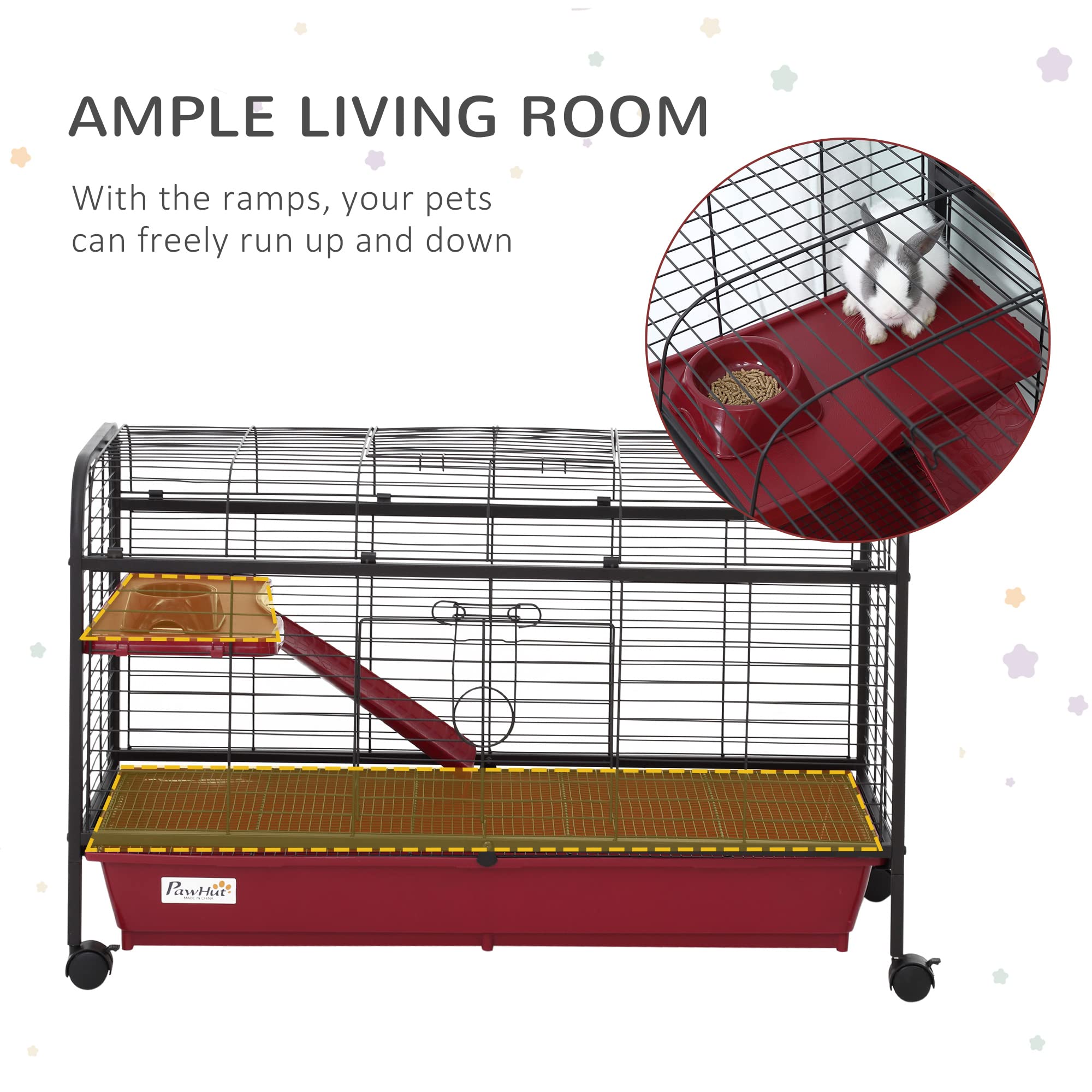 Pawhut 41' L Small Animal Cage Rabbit Hutch Ferret Pet Play House With Feeder, Rolling Wheels, Platform, Ramp