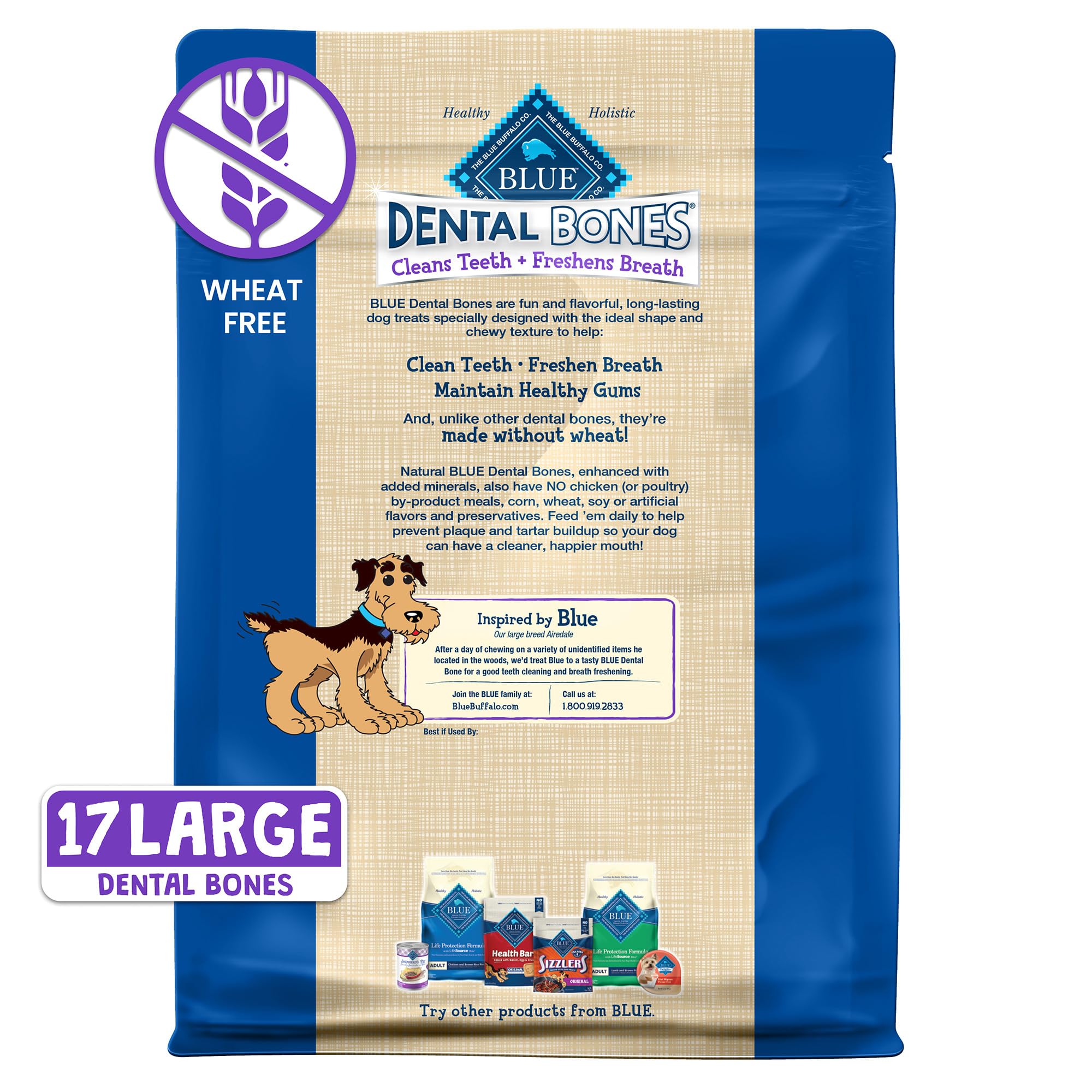 Blue Buffalo Dental Bones for Large Dogs 50 lbs. & Above, Daily Dental Dog Treats, Cleans Teeth & Freshens Breath, 27-oz. (17 Bo