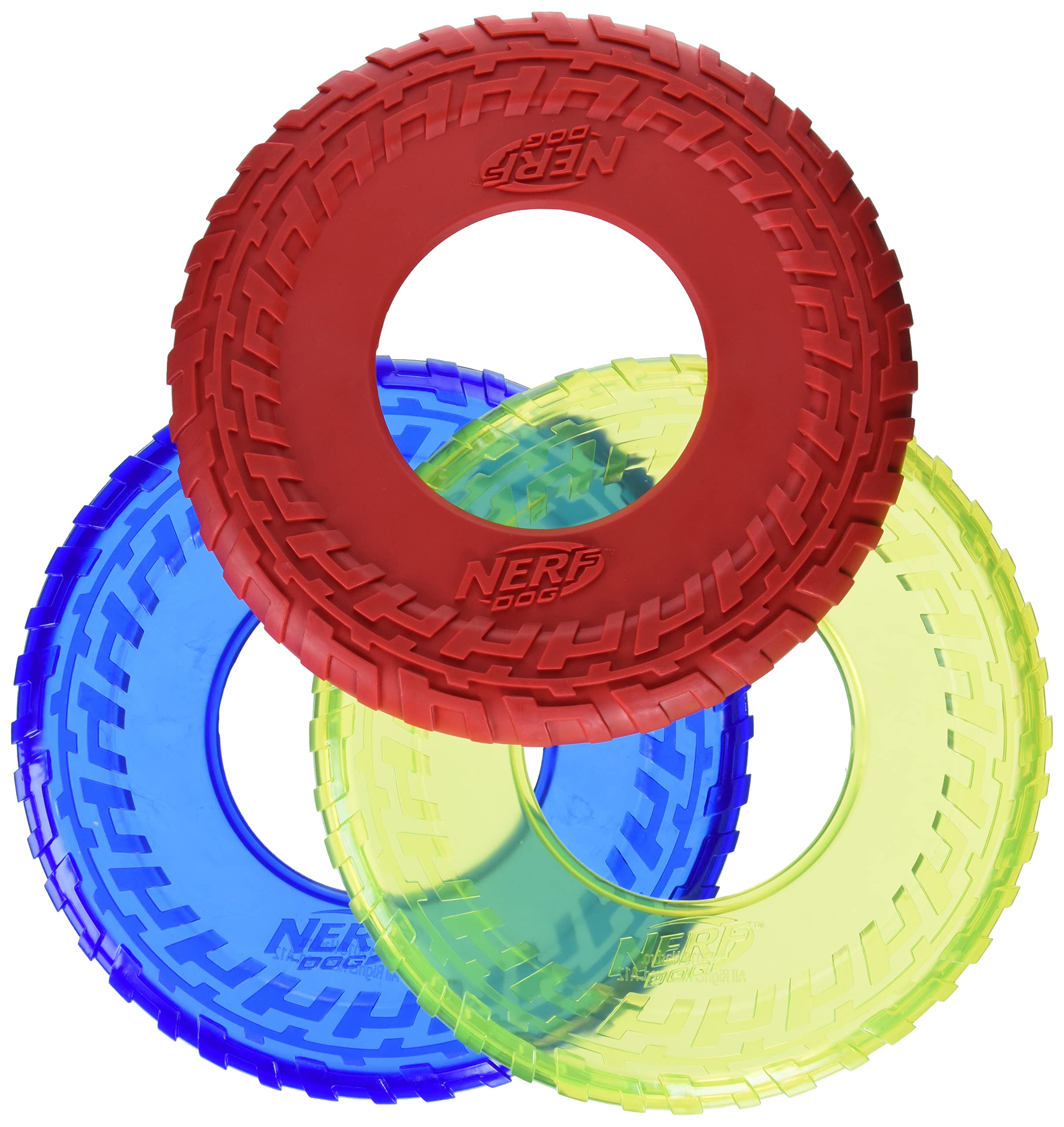 Nerf Dog Tire Flyer Dog Toy Gift Set, 10 Inch Flying Disc Dog Fetch Toys, Rubber Dog Toy For Medium Dogs And Large Dogs, Red, Translucent Green And Translucent Blue, 3 Count