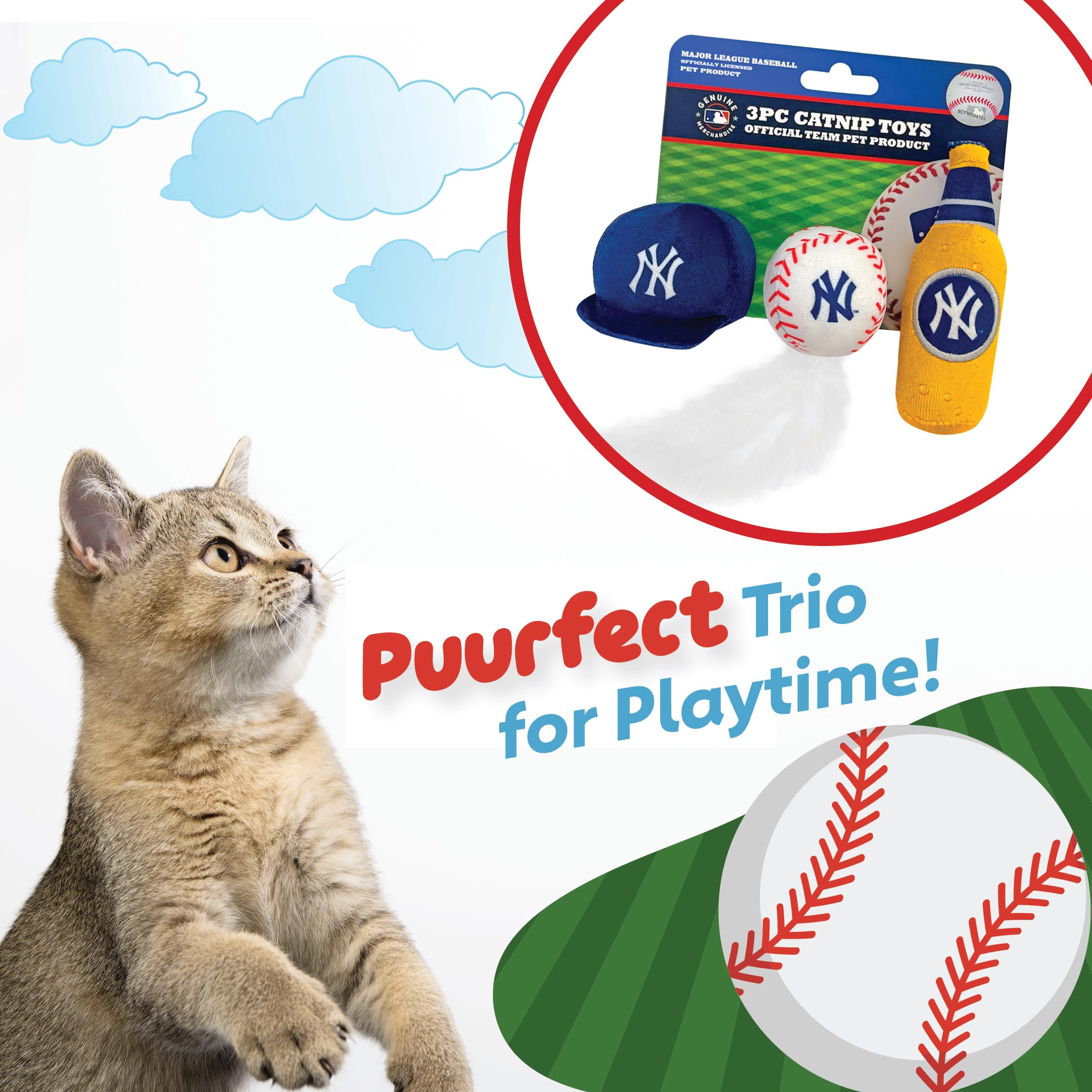 Best Plush Cat Toy - Mlb New York Yankees Complete Set Of 3 Piece Cat Toys Filled With Fresh Catnip. Incl: 1 Baseball Cap Cat To