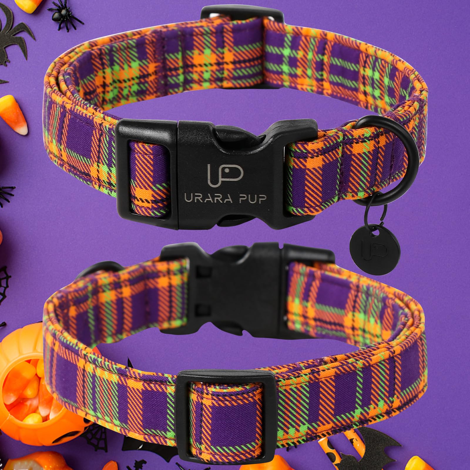 Up Urara Pup Halloween Dog Collar, Colorful Plaid For Small Dogs, Fall & Winter With Lightweight Plastic Buckle, Cute Pet Collar