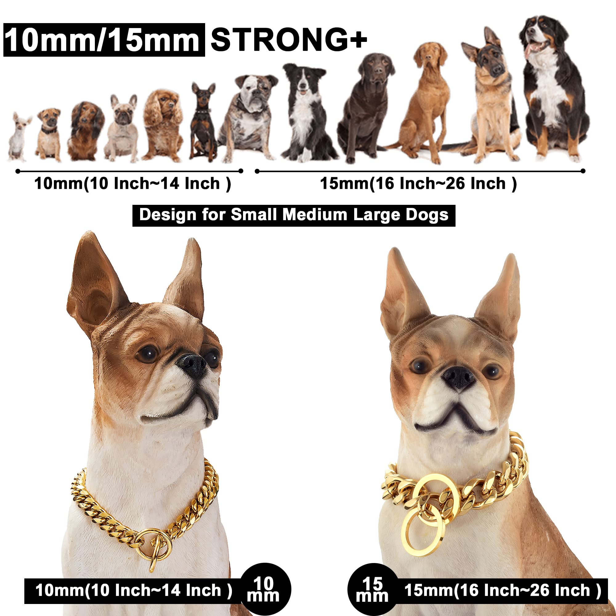 Loveshine Chain Dog Collar 18K Gold Cuban Link Dog Chain 15Mm 10Mm Thick Chain Collar Metal Stainless Steel Heavy Duty Slip Dog