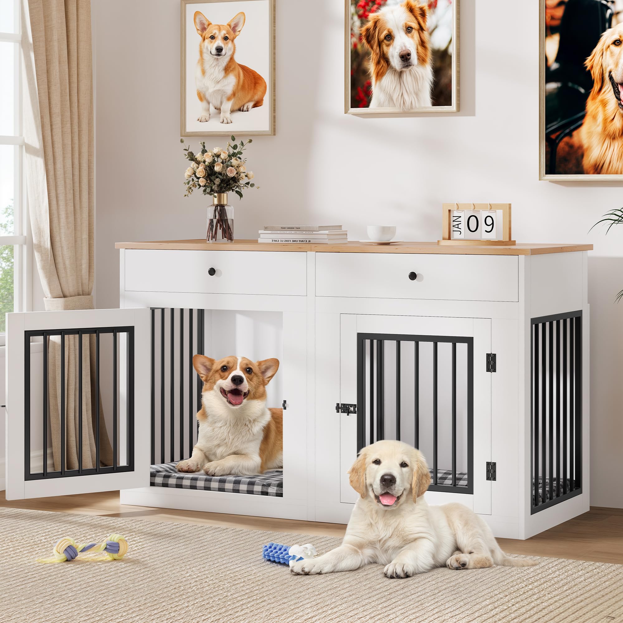 YITAHOME 60 Wooden Dog Crate Furniture with Removable Divider & Storage Drawers, Double Door Kennel with Locks for Medium and La