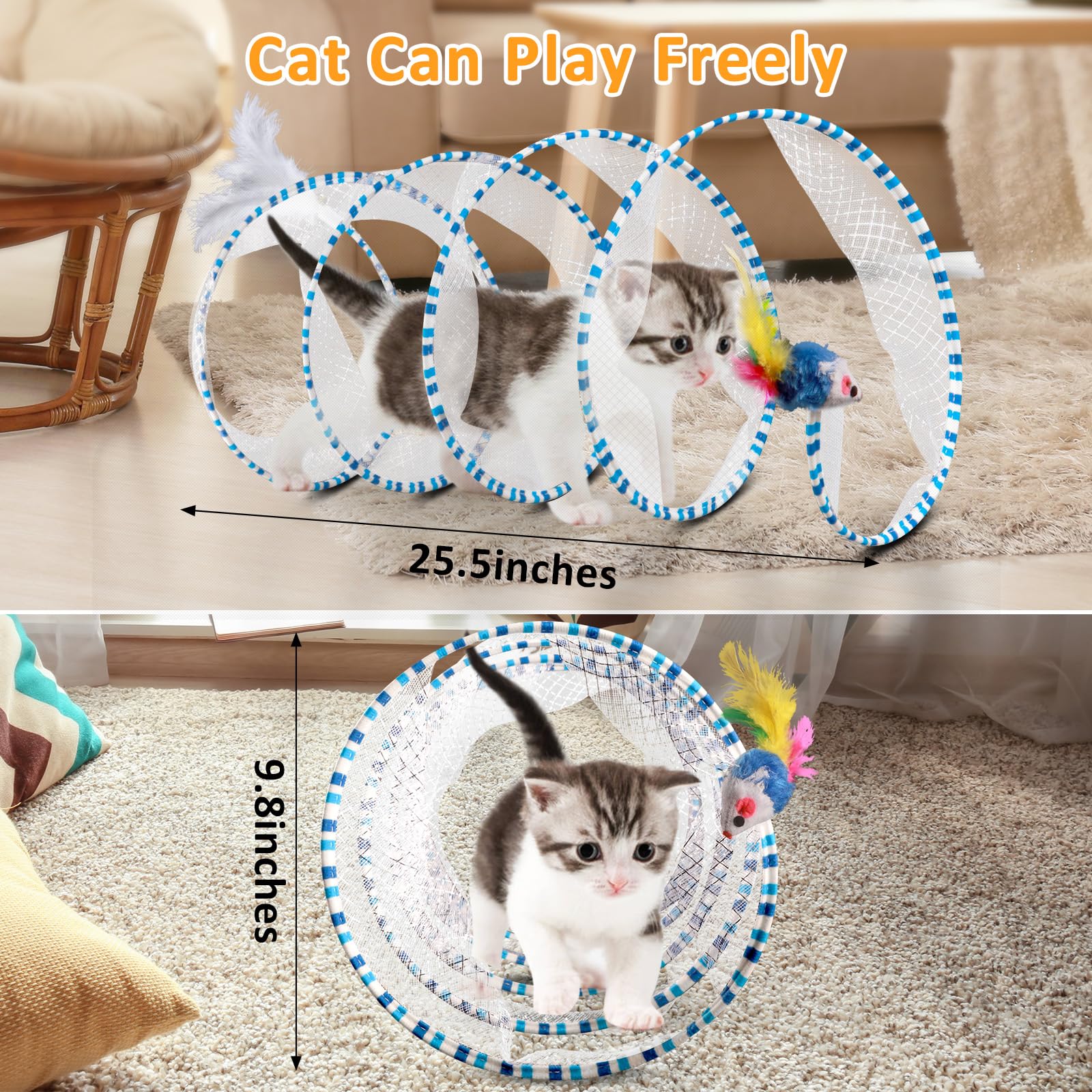 Eggsun 2-Piece Spiral Cat Tubes For Indoor Cats, Large Collapsible Tunnel With Feather Mouse Interactive Toy (Green + Blue & Whi