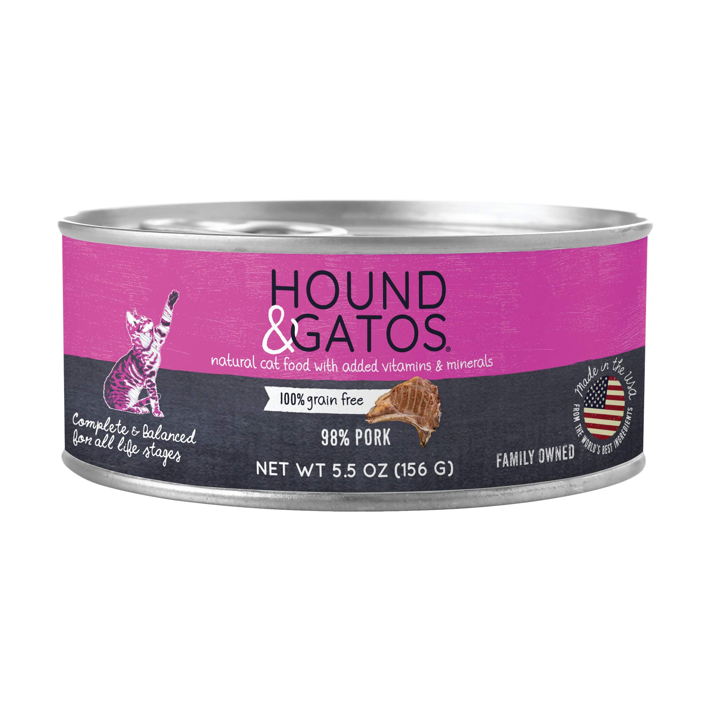Hound & Gatos Wet Cat Food, 98% Pork, Grain Free Pate Cat Food, Real Meat, High Protein, Limited Ingredients, No Additives, 5.5 