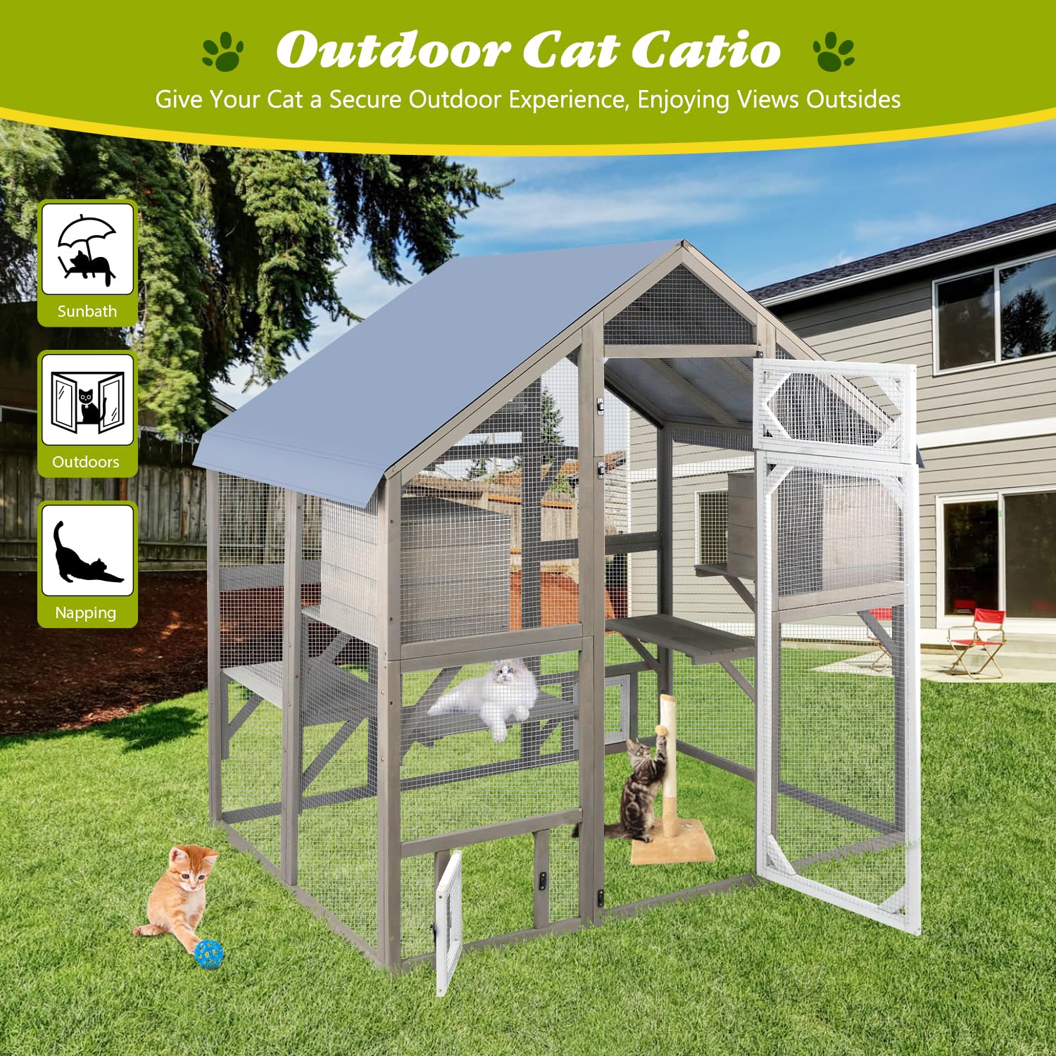 Petscosset Cat Catio Outdoor Enclosure Outside Patio Large Catio House For Indoor 2-3 Cats Weatherproof Wooden Walk In Kitty Ken