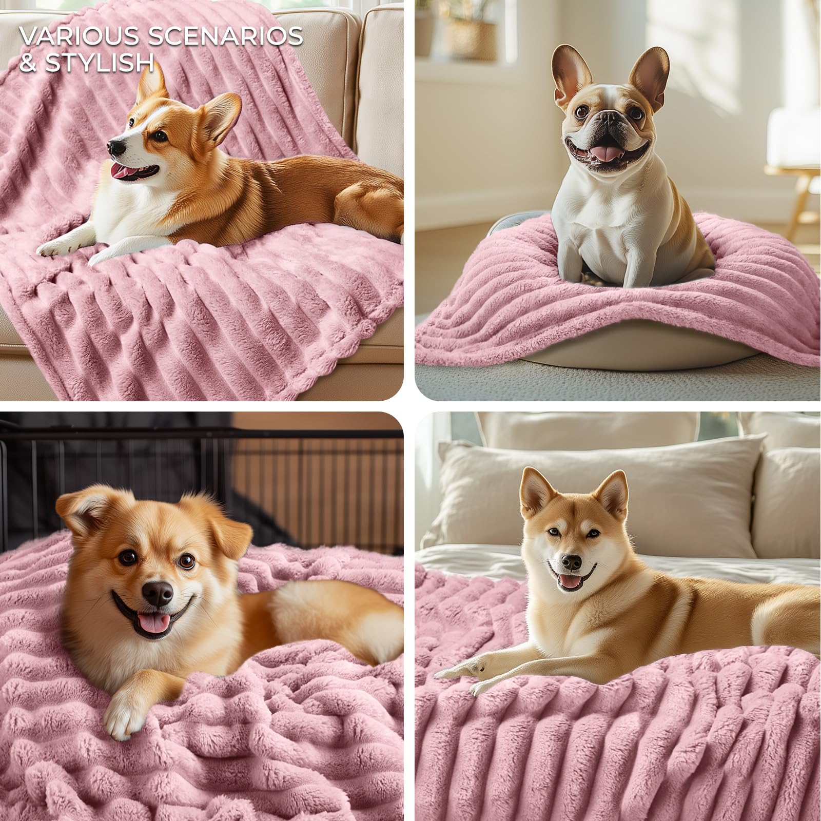 Linenlux 1 Pack 3 Soft Fleece Dog Blanket For Pet Washable Warm Cat Puppy Fluffy Calming Flannel Pink Medium