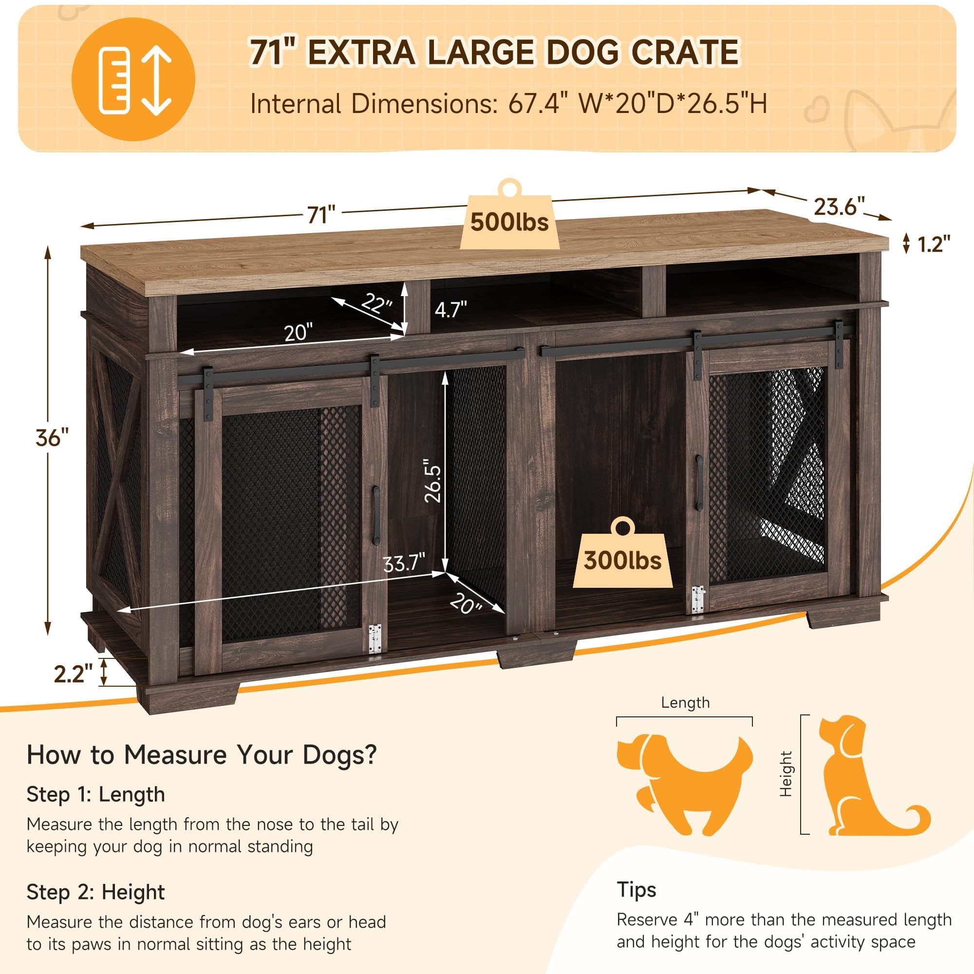 71 Dog Crate Furniture, Furniture Style Double Dog Crate Table Indoor TV Stand, Double Dog Kennel Furniture with 3 Storages and