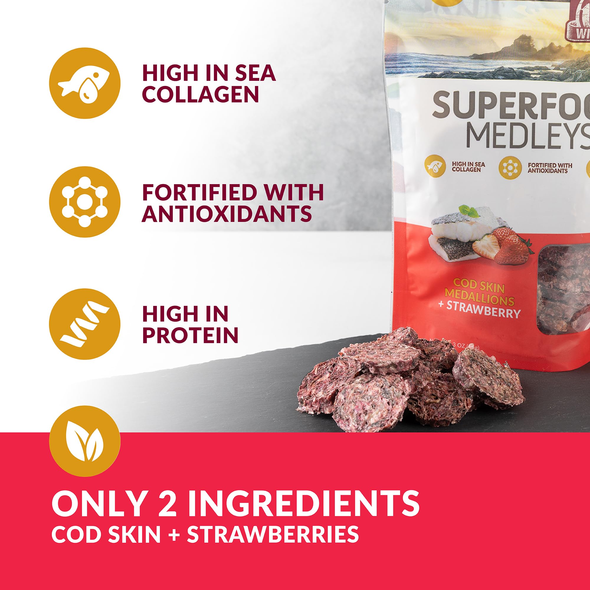 Wild Eats Fish Skin Dog Treats Cod Superfood Medallions 3oz - Strawberry & Cod Limited Ingredient